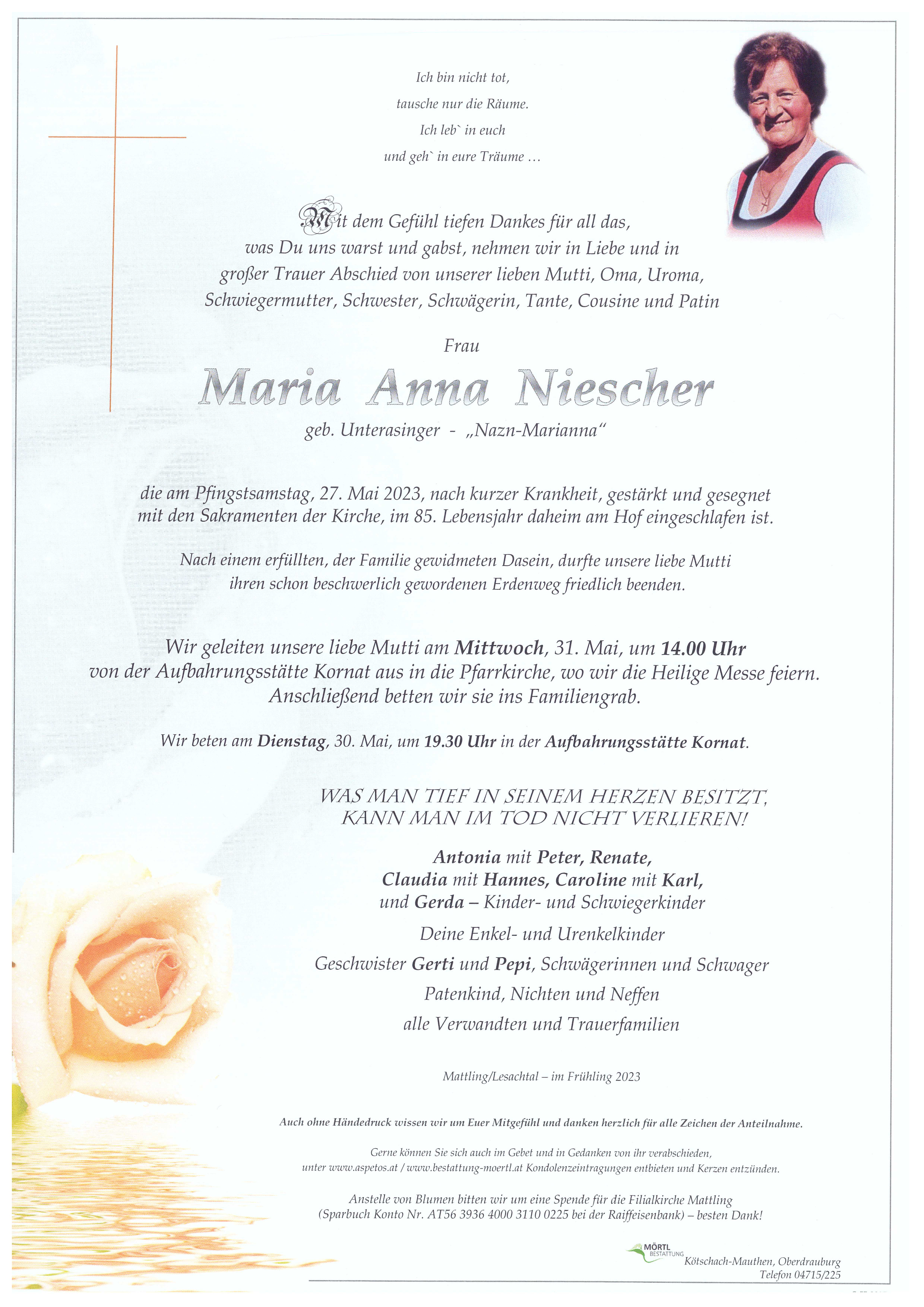 Traueranzeige von  Maria Anna Niescher