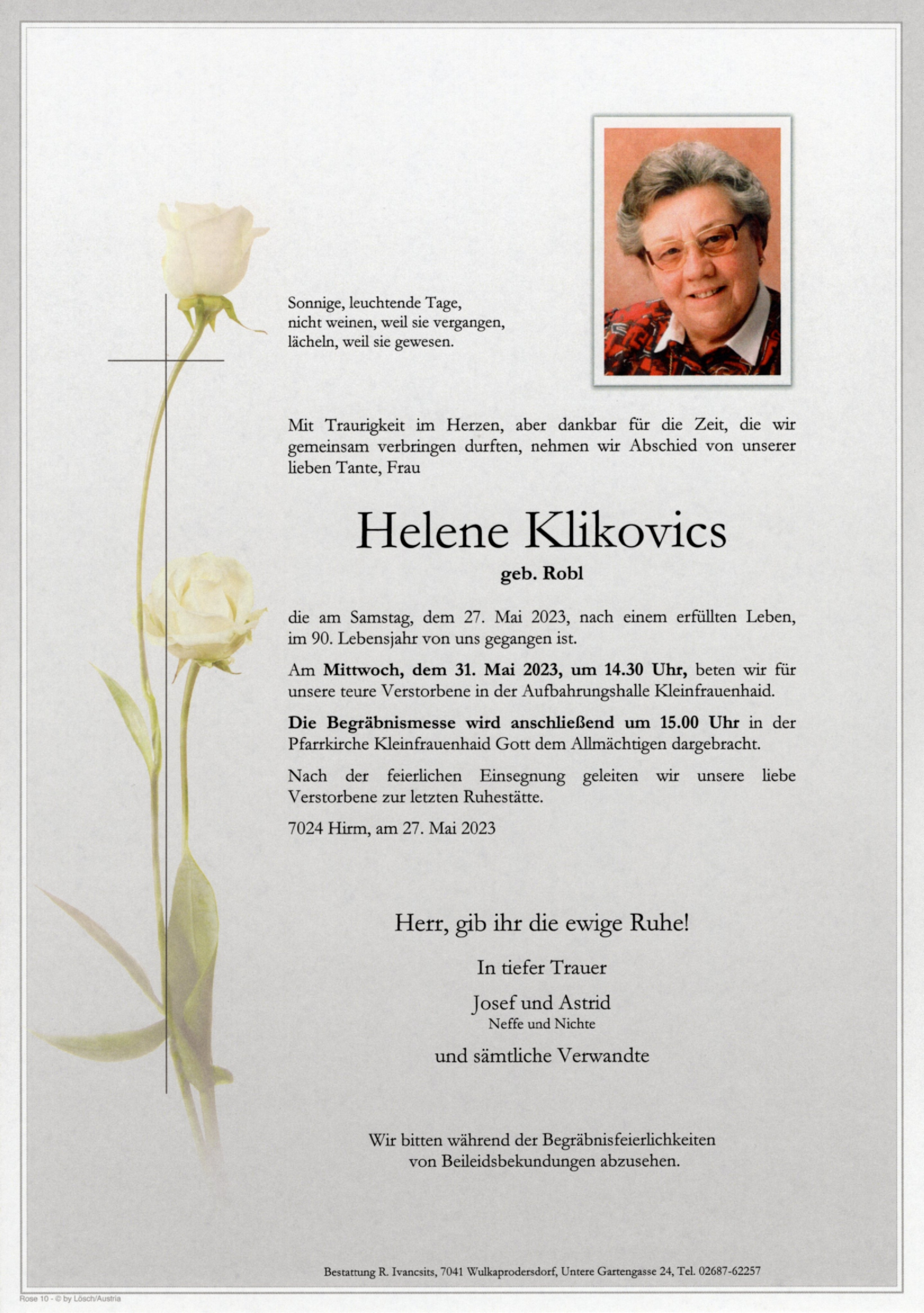Traueranzeige von Helene Klikovics