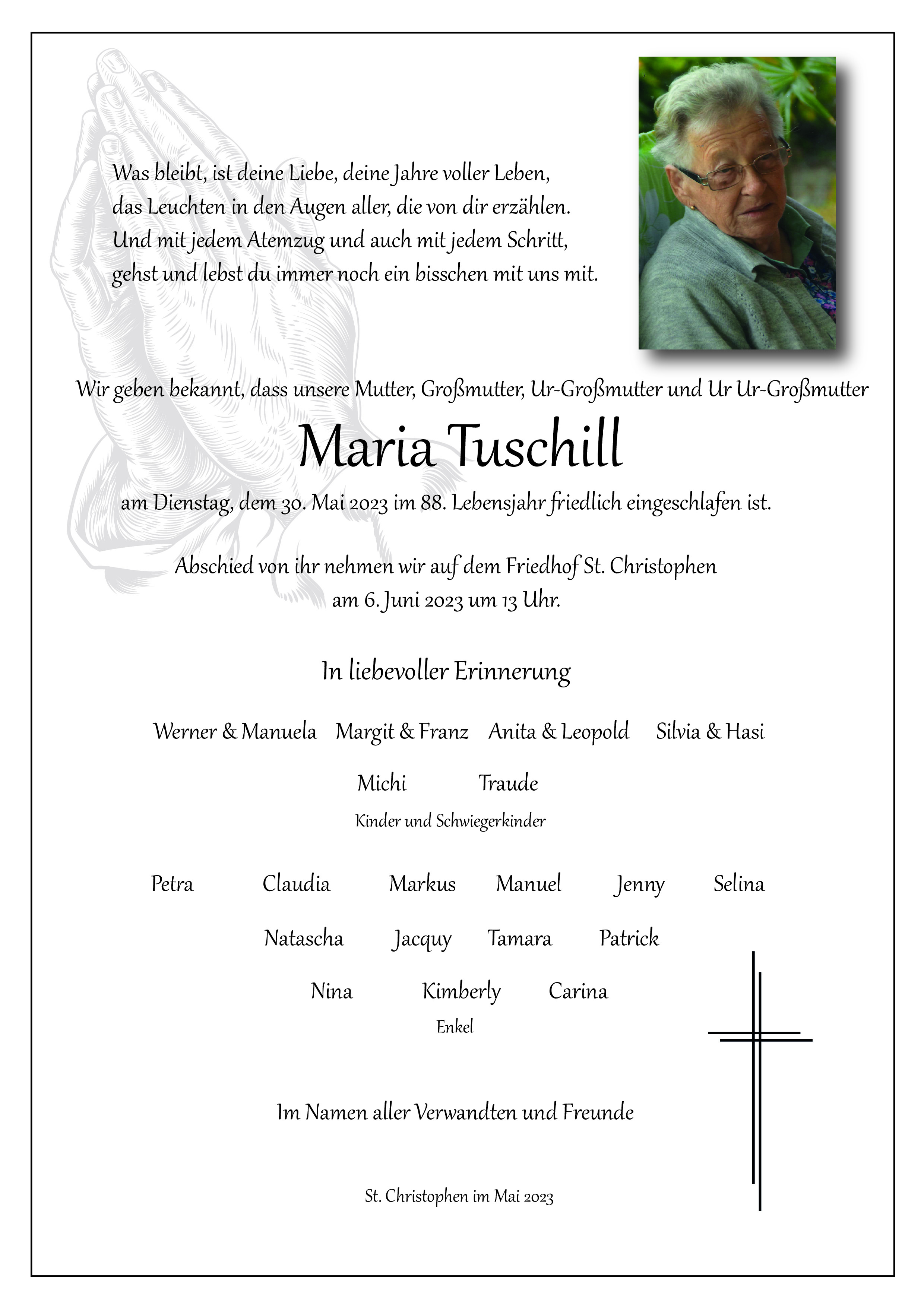 Traueranzeige von Maria  Tuschill