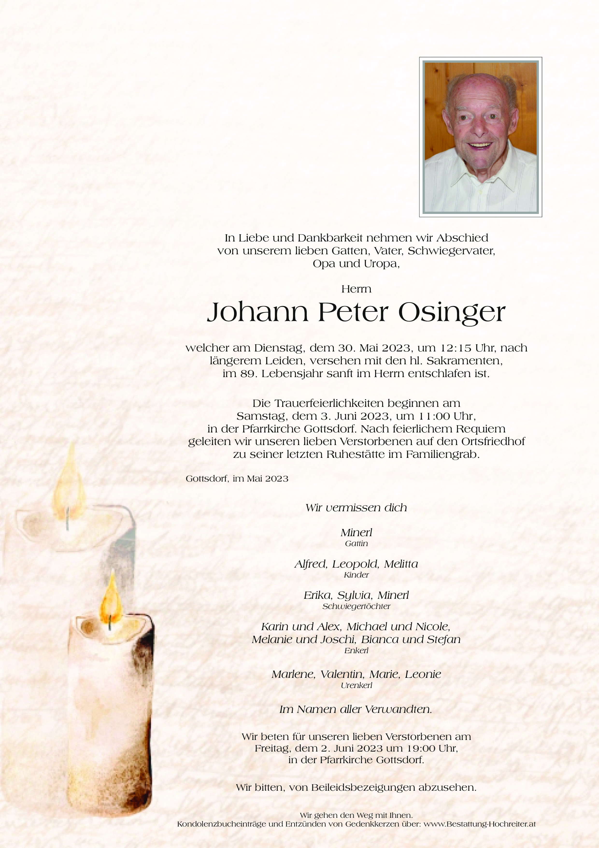 Traueranzeige von Johann Peter Osinger