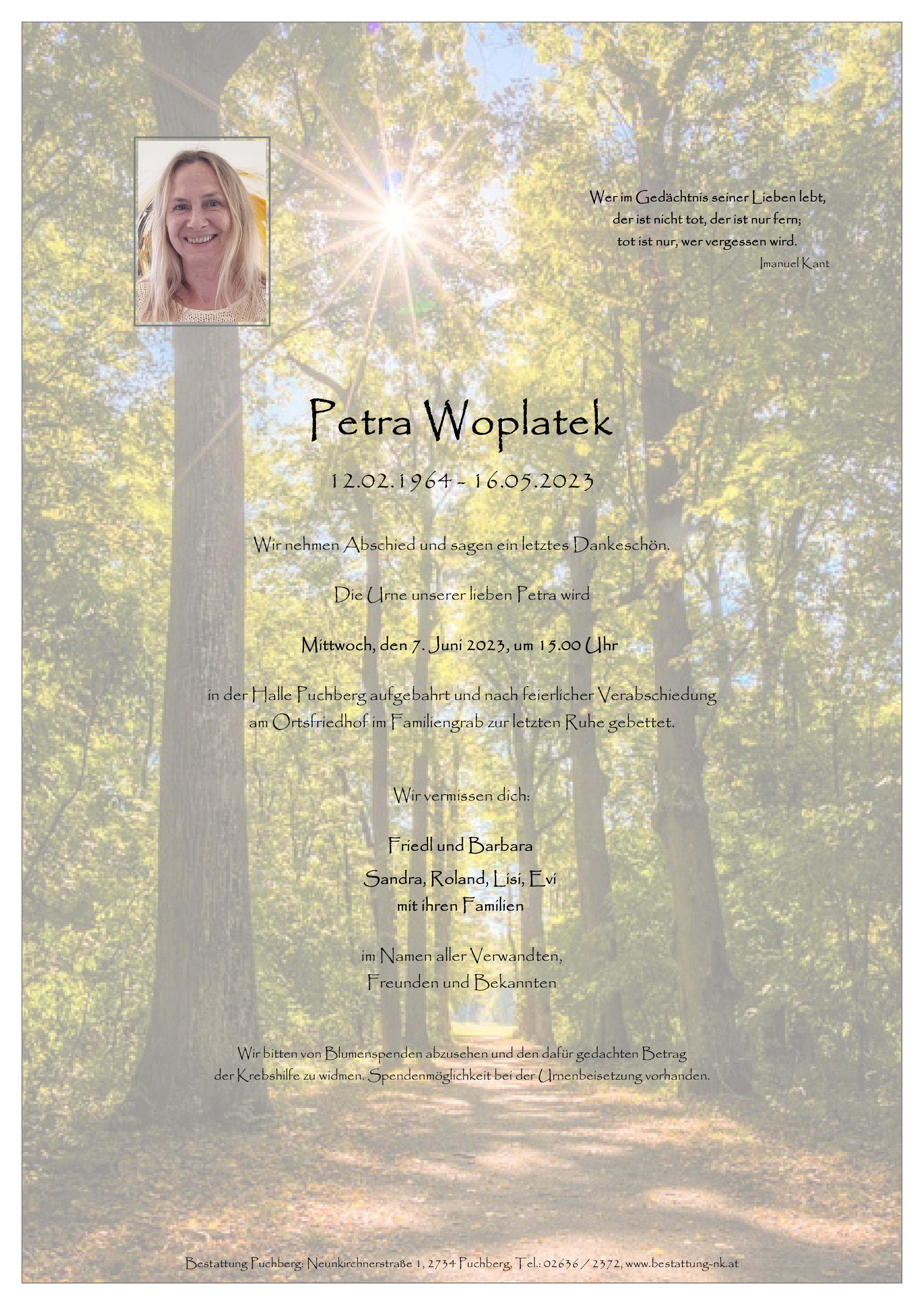 Traueranzeige von Petra Woplatek
