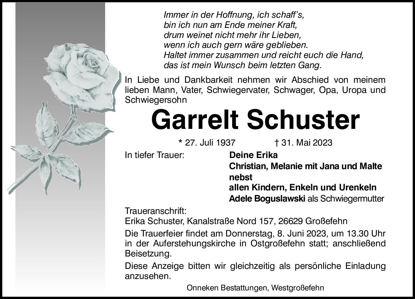 Traueranzeige von Garrelt Schuster
