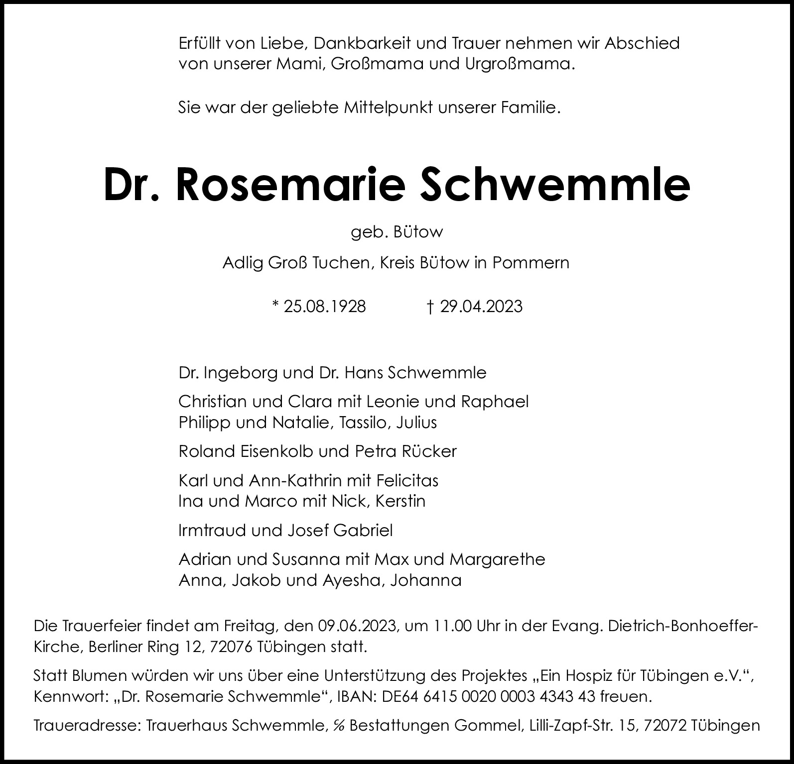 Traueranzeige von Dr. Rosemarie Schwemmle