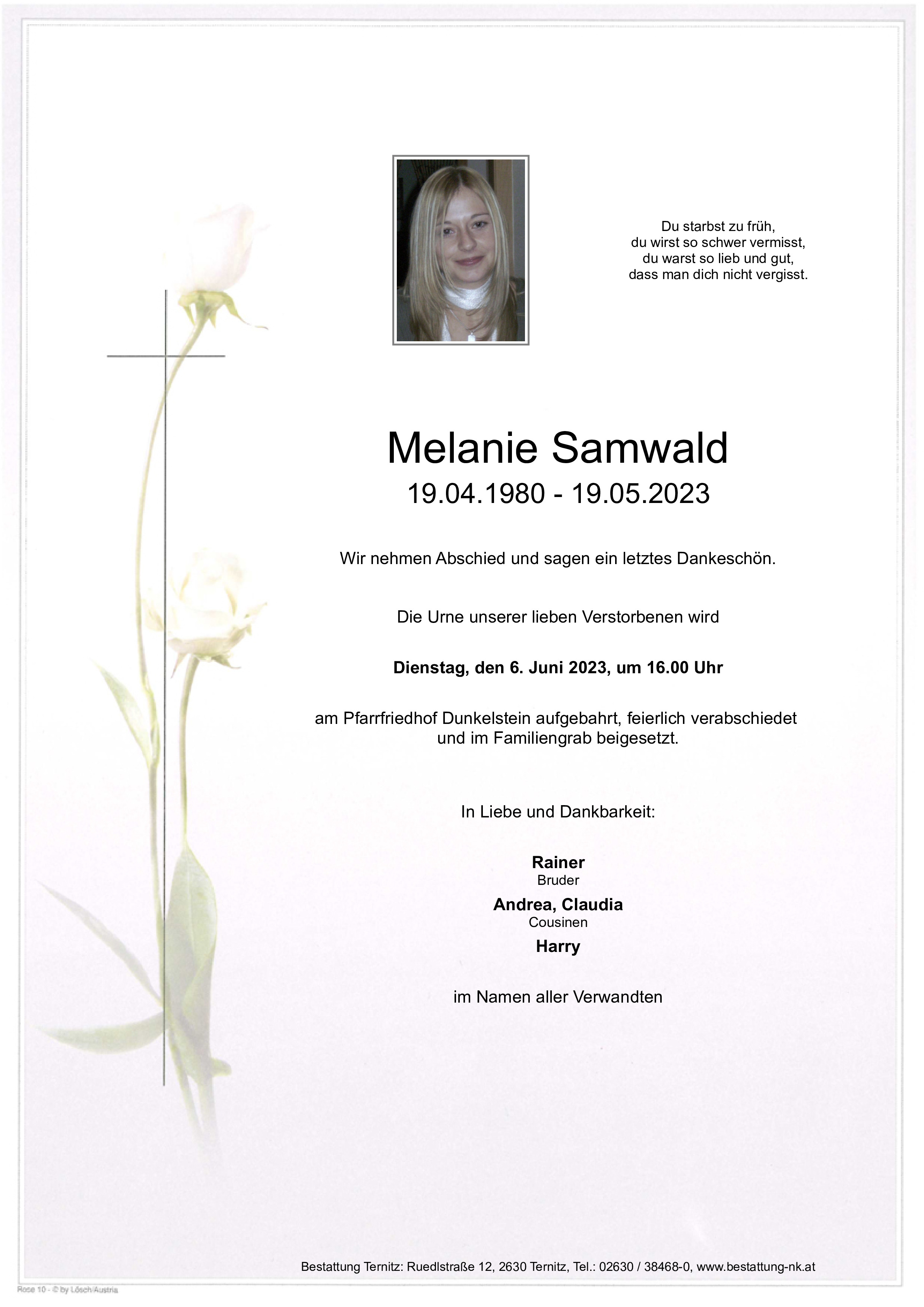 Traueranzeige von Melanie Samwald