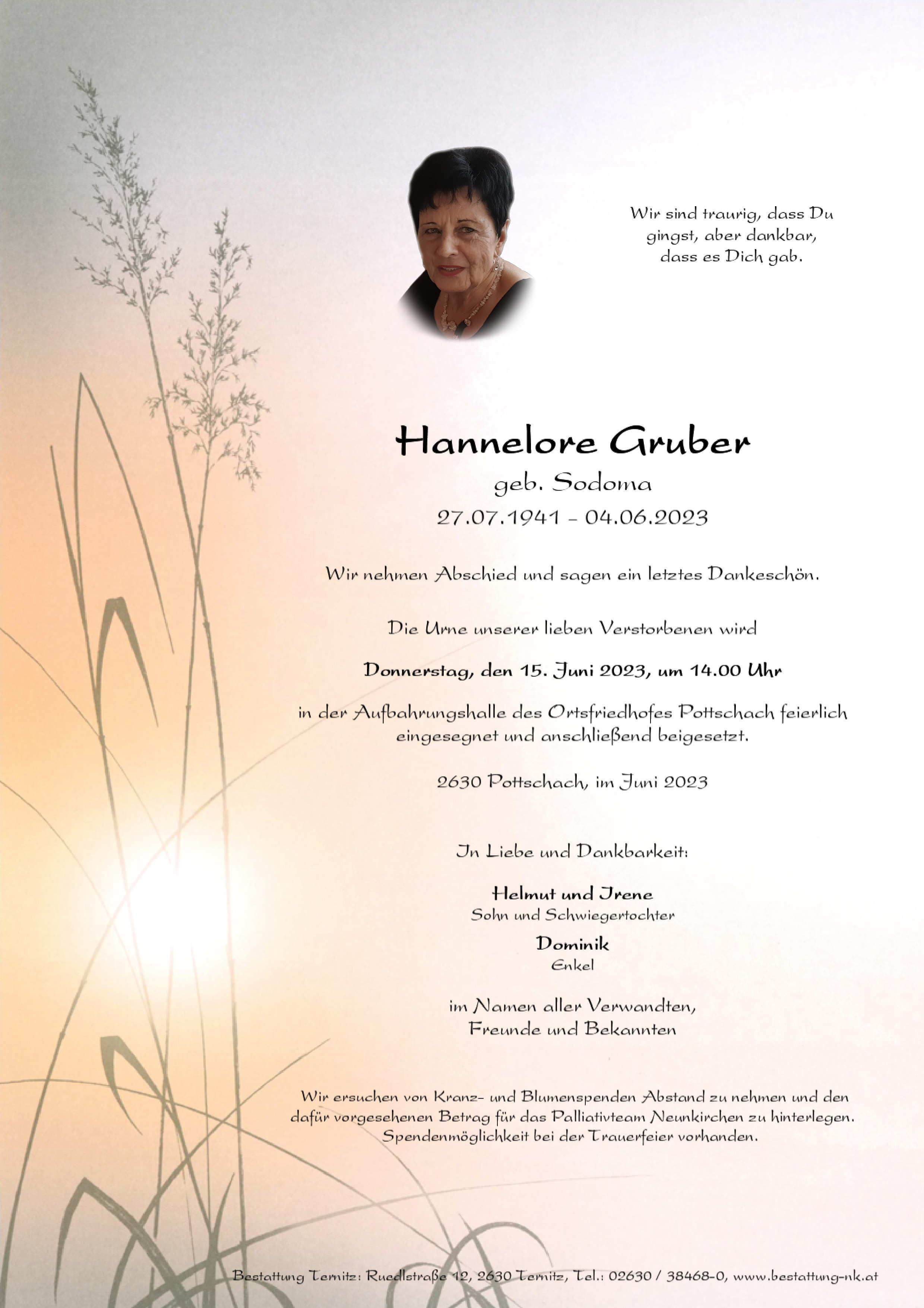 Traueranzeige von Hannelore Gruber
