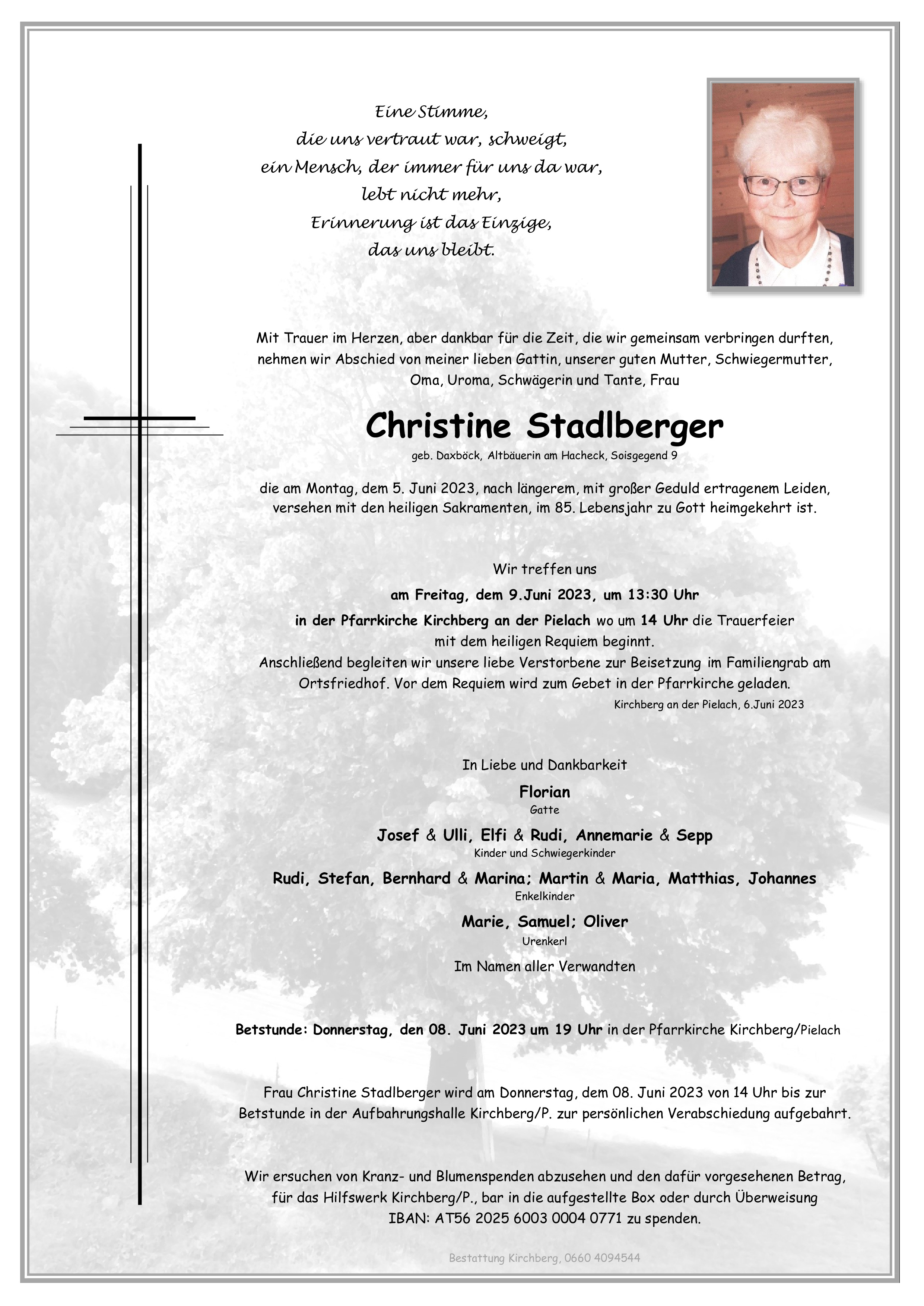 Traueranzeige von Christine Stadlberger