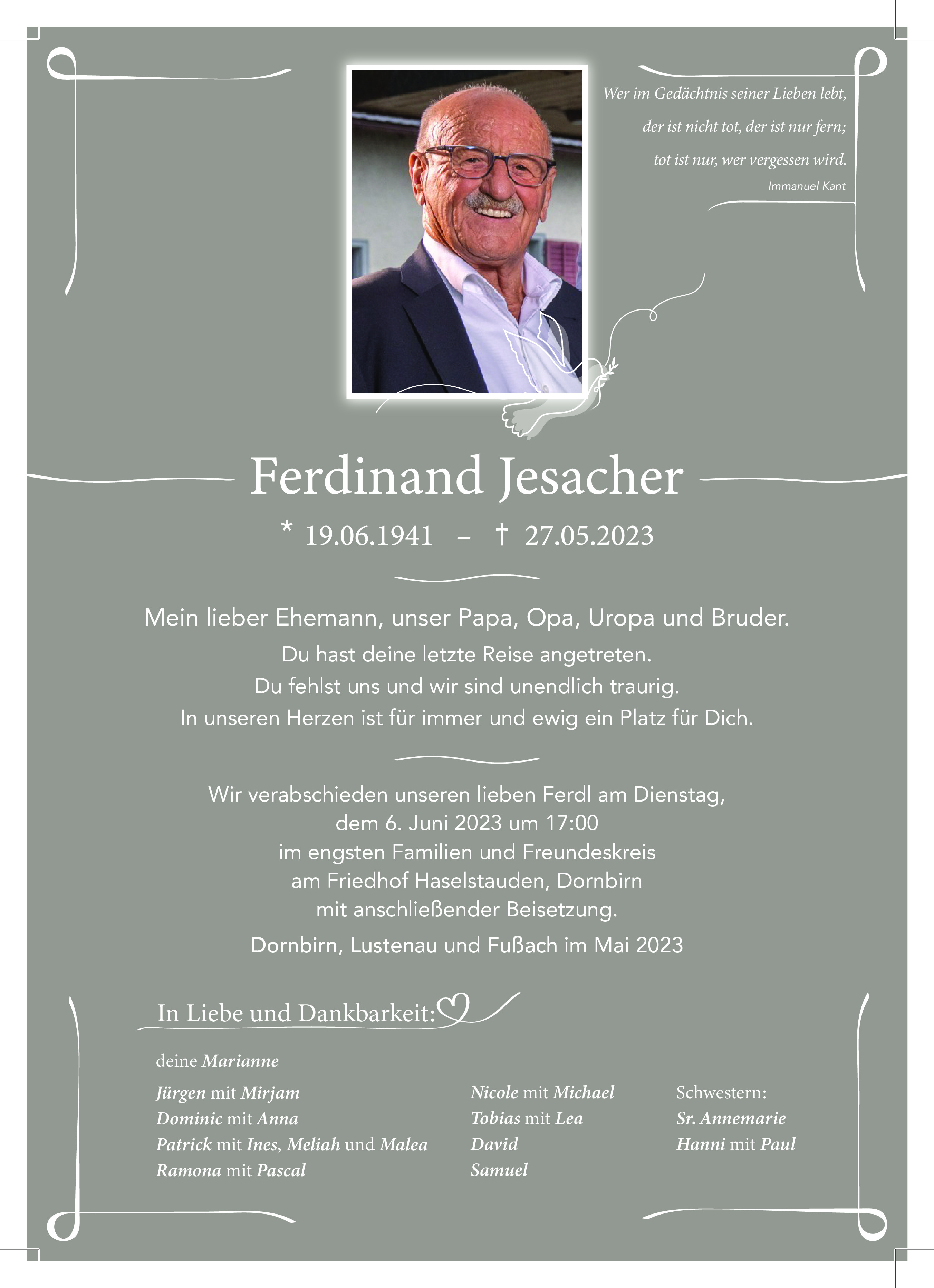 Traueranzeige von Ferdinand Jesacher