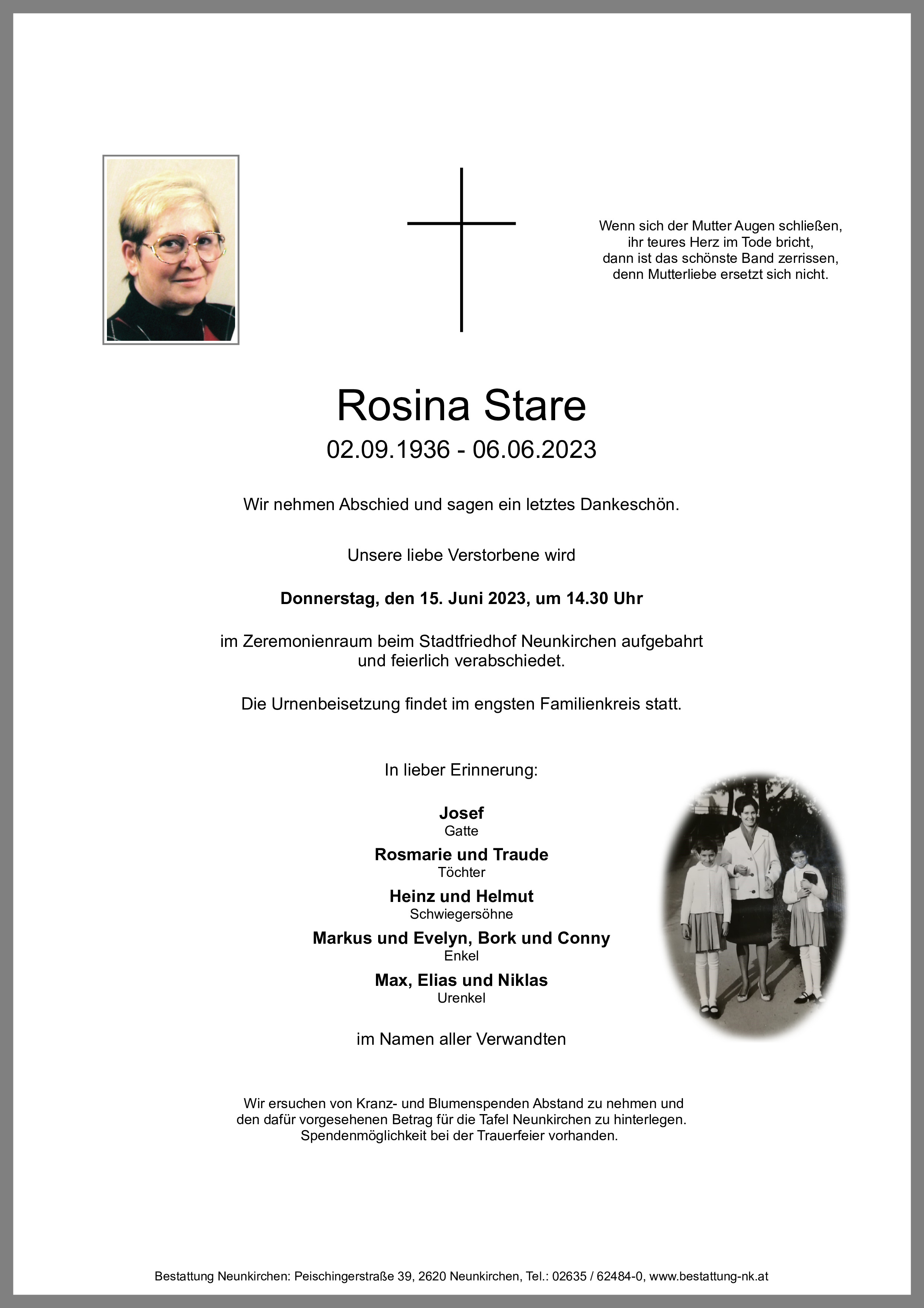 Traueranzeige von Rosina Stare