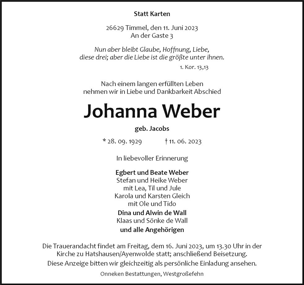Traueranzeige von Johanna Weber