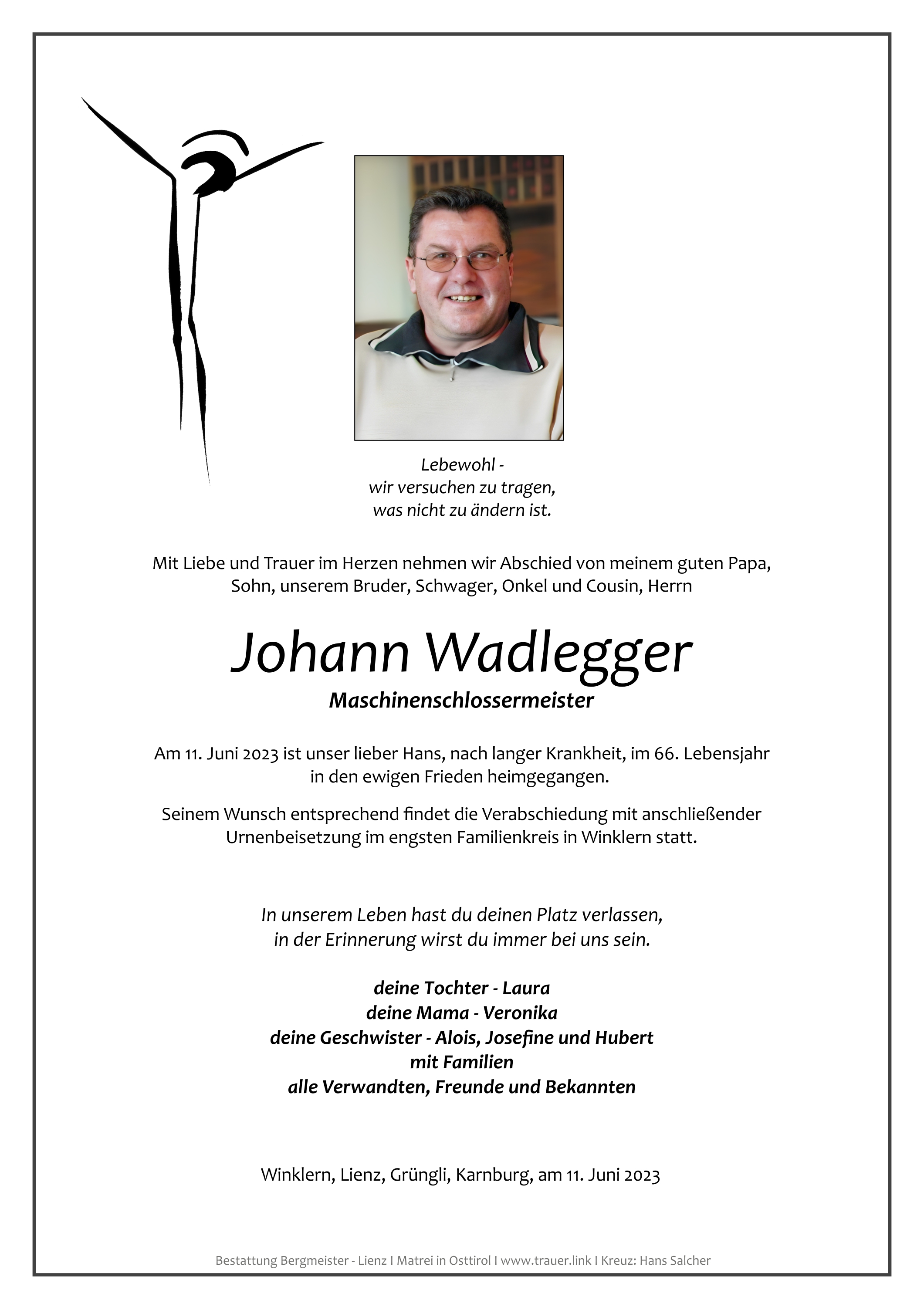 Traueranzeige von Johann Wadlegger