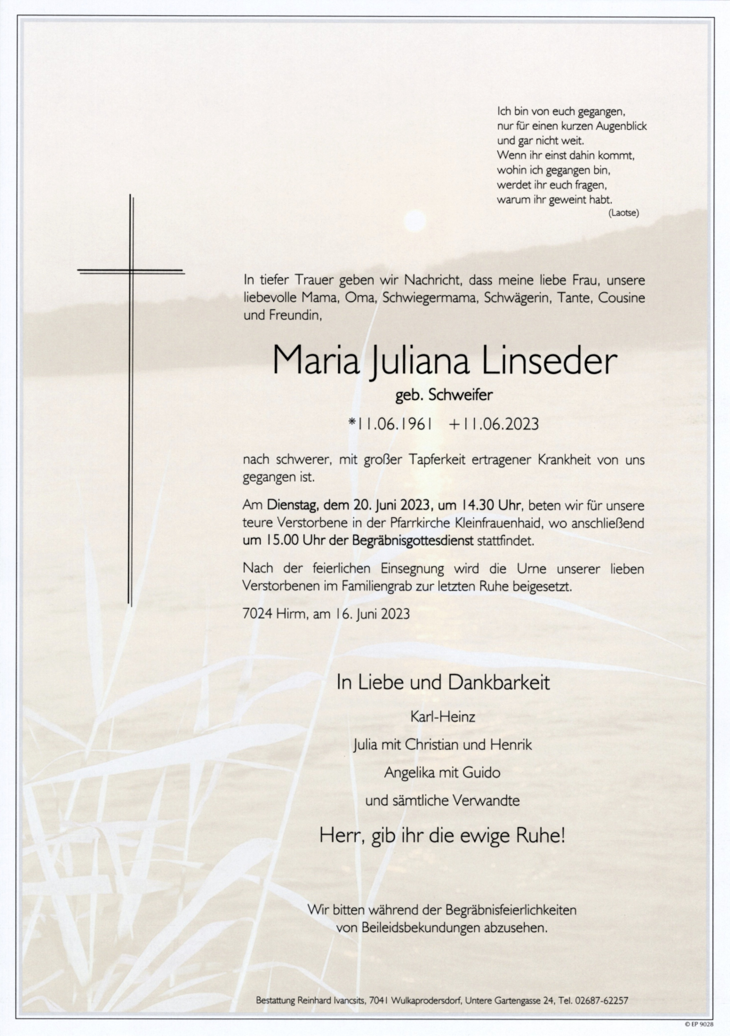 Traueranzeige von Maria Juliana Linseder