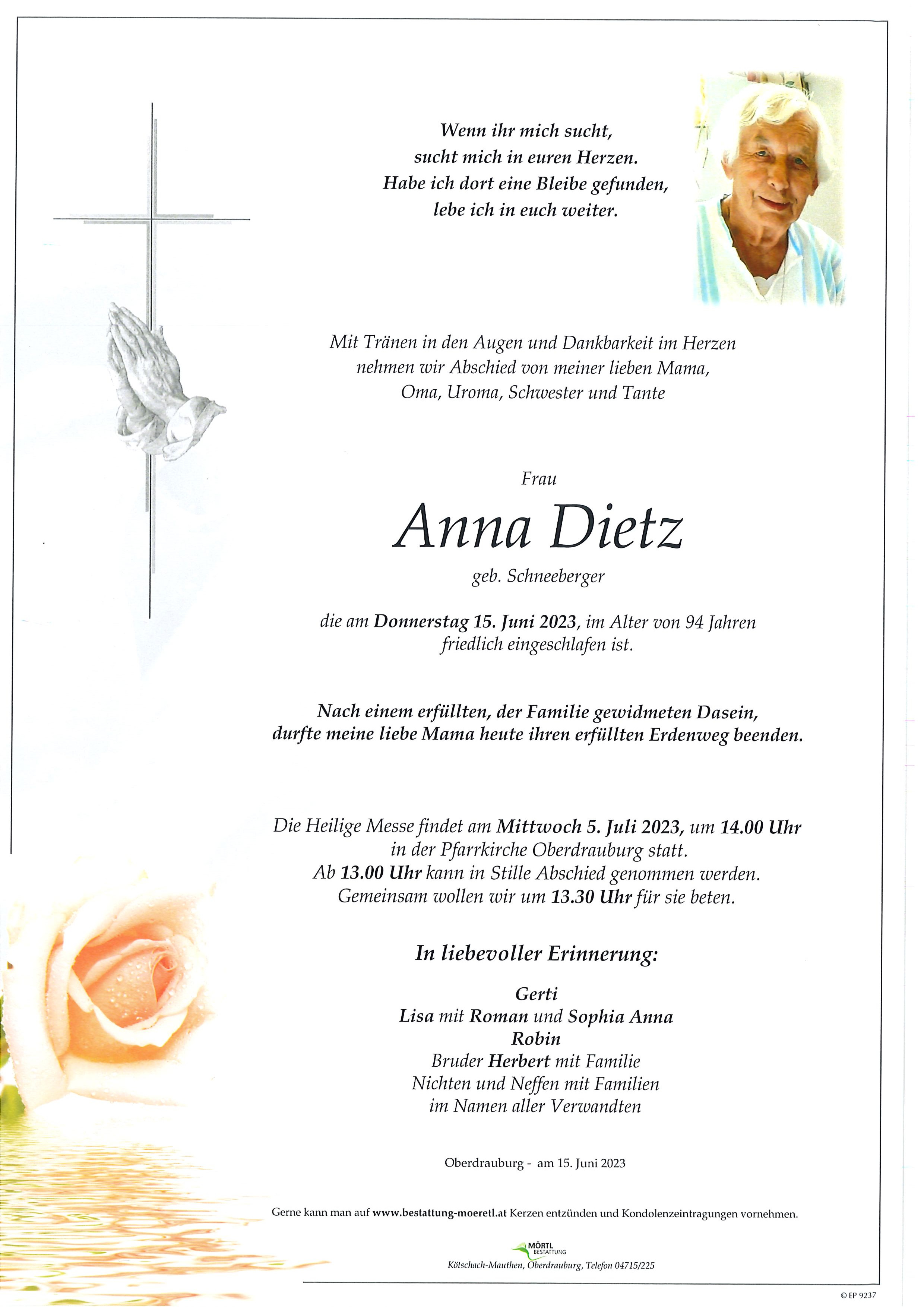 Traueranzeige von Anna Dietz
