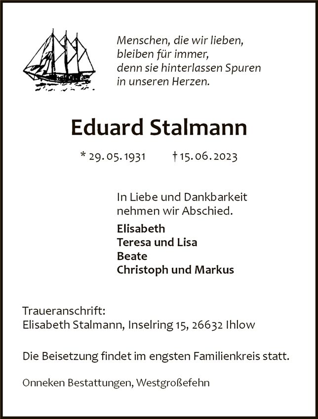 Traueranzeige von Eduard Stalmann