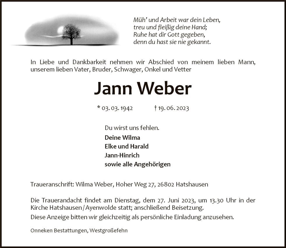 Traueranzeige von Jann Weber