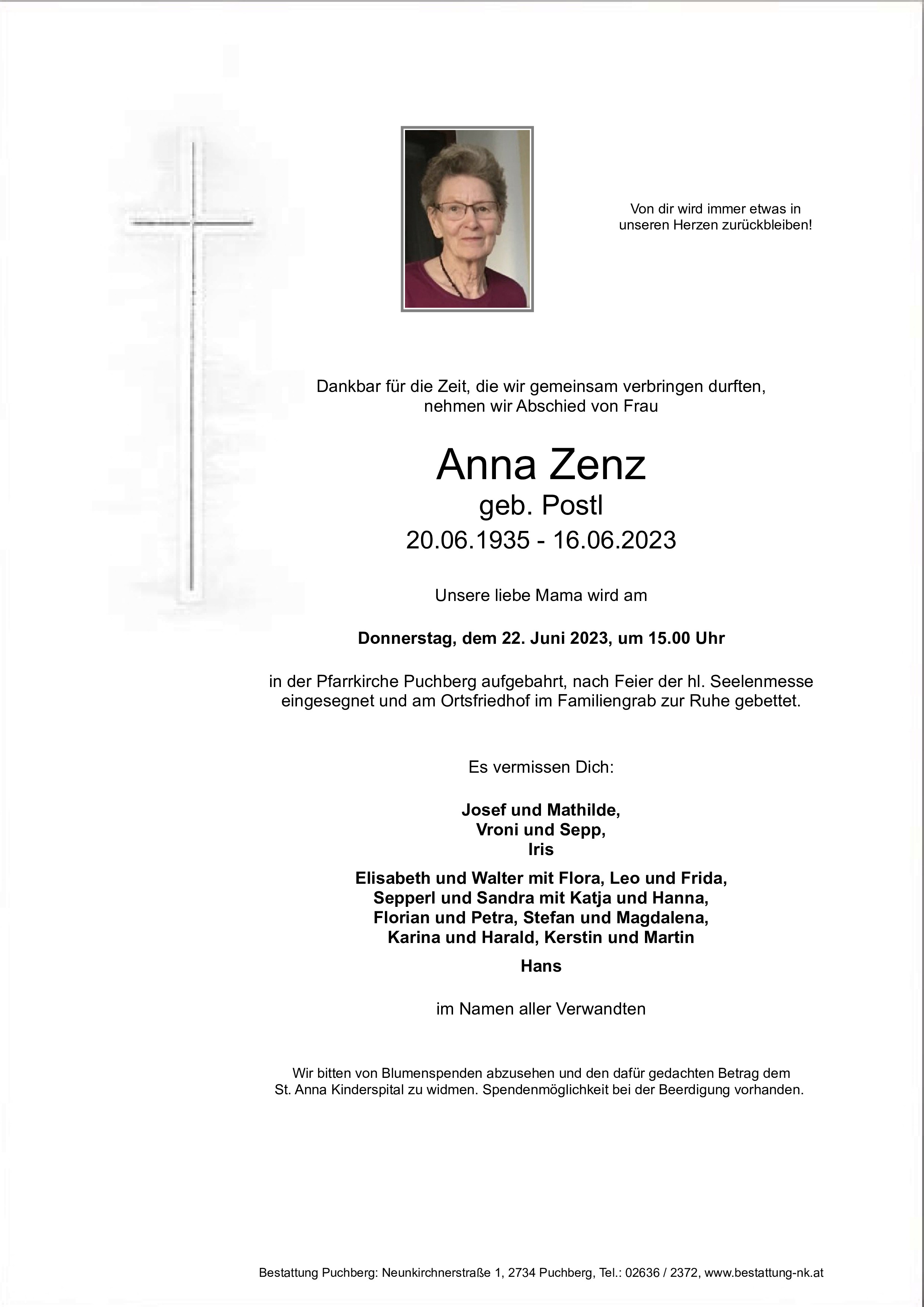 Traueranzeige von Anna Zenz