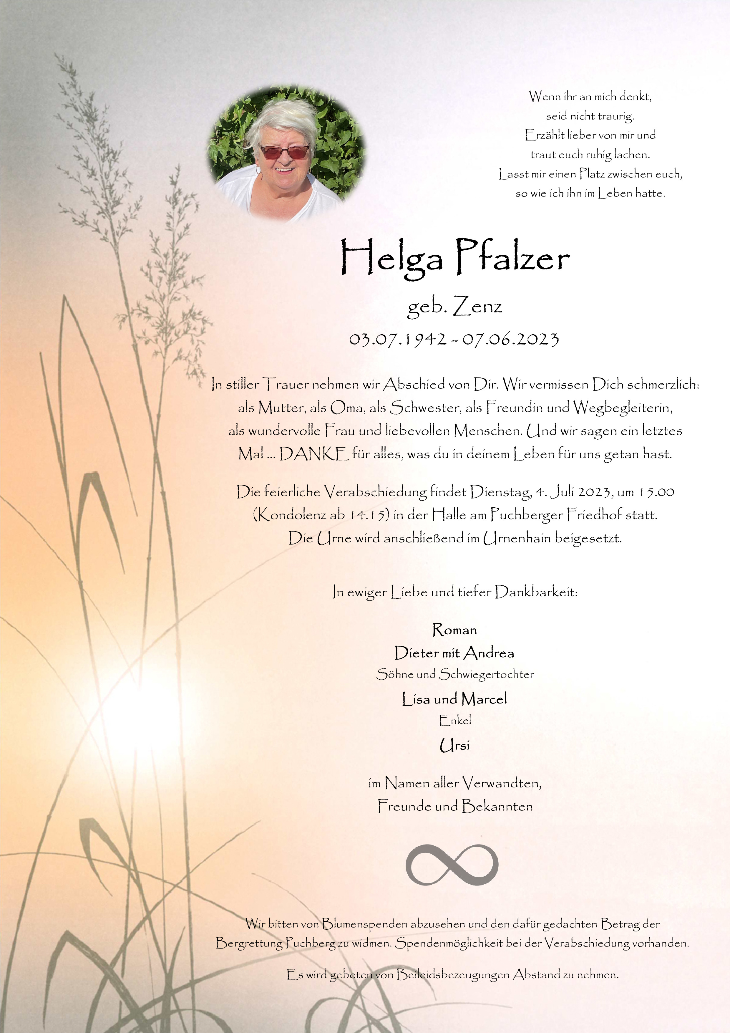 Traueranzeige von Helga Pfalzer
