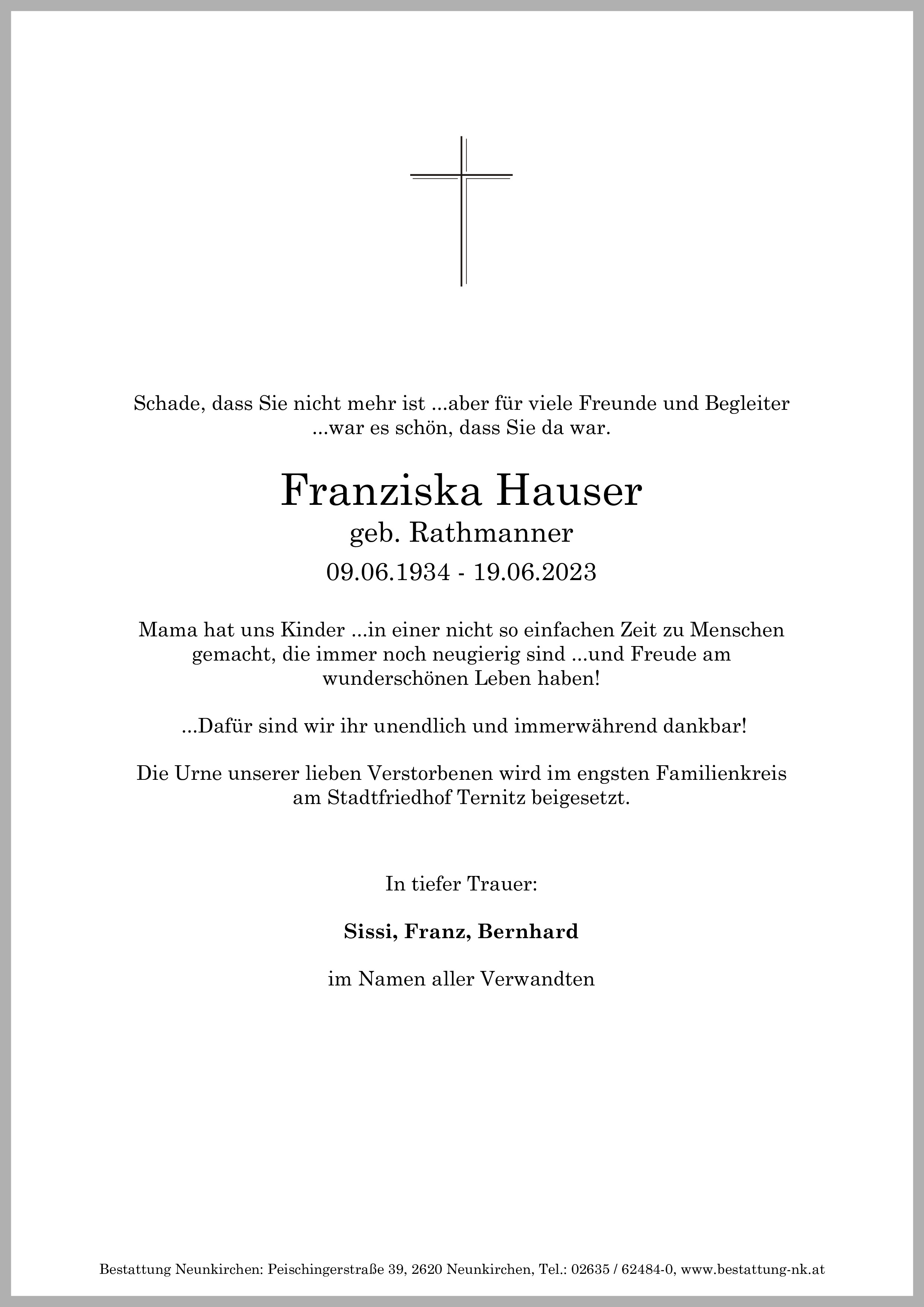 Traueranzeige von Franziska Hauser