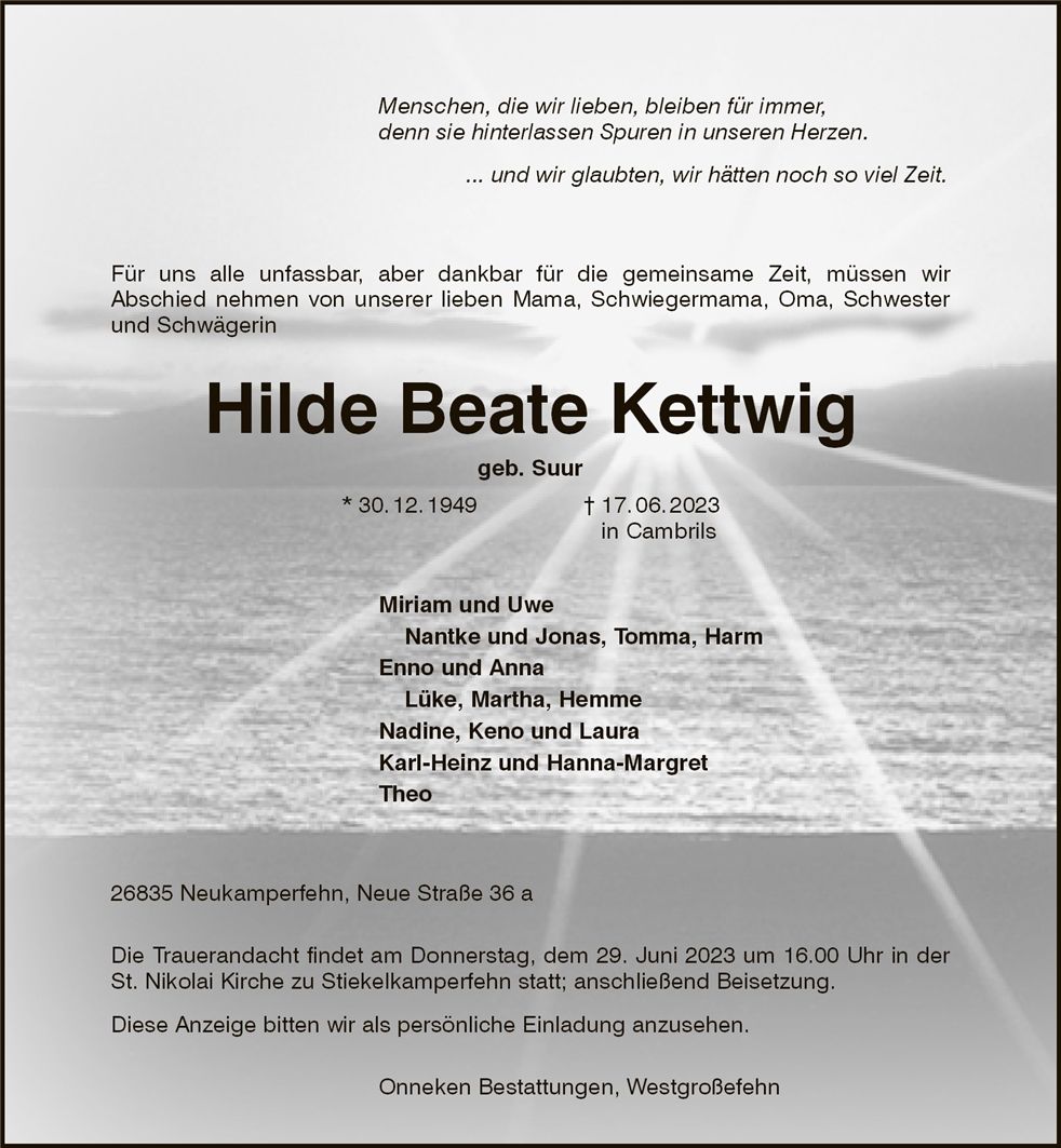 Traueranzeige von Hilde Beate Kettwig