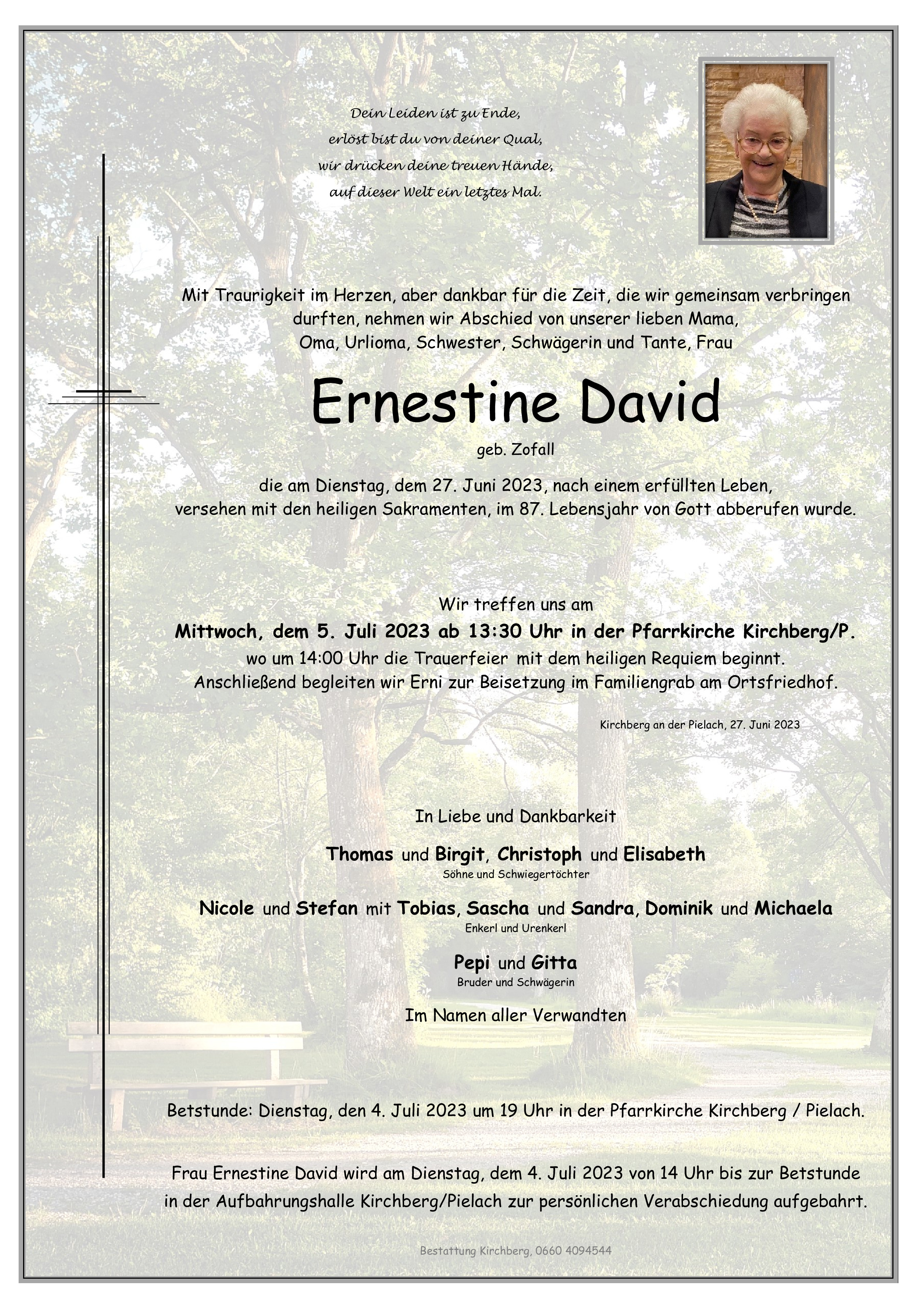 Traueranzeige von Ernestine David