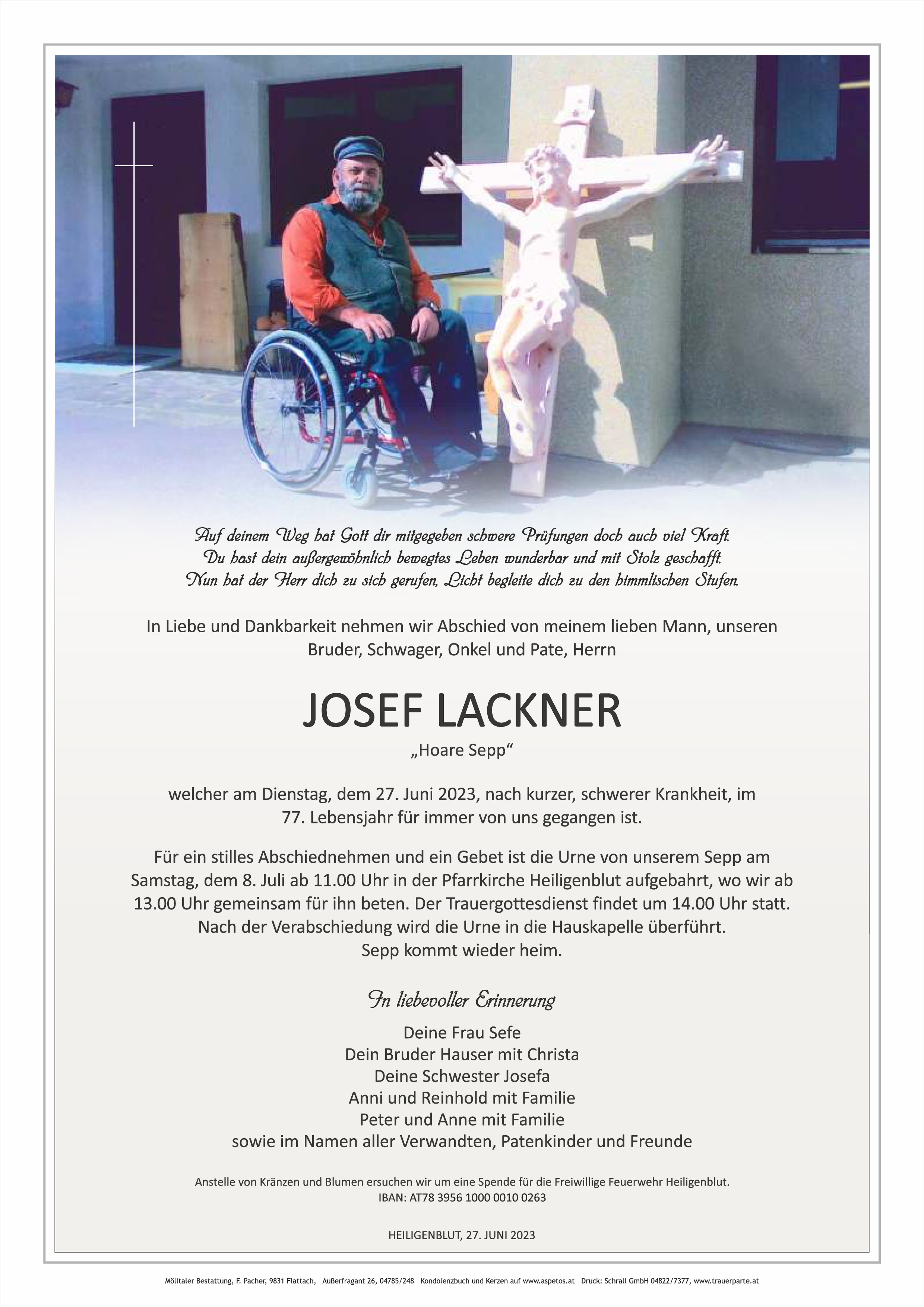 Traueranzeige von Lackner Josef
