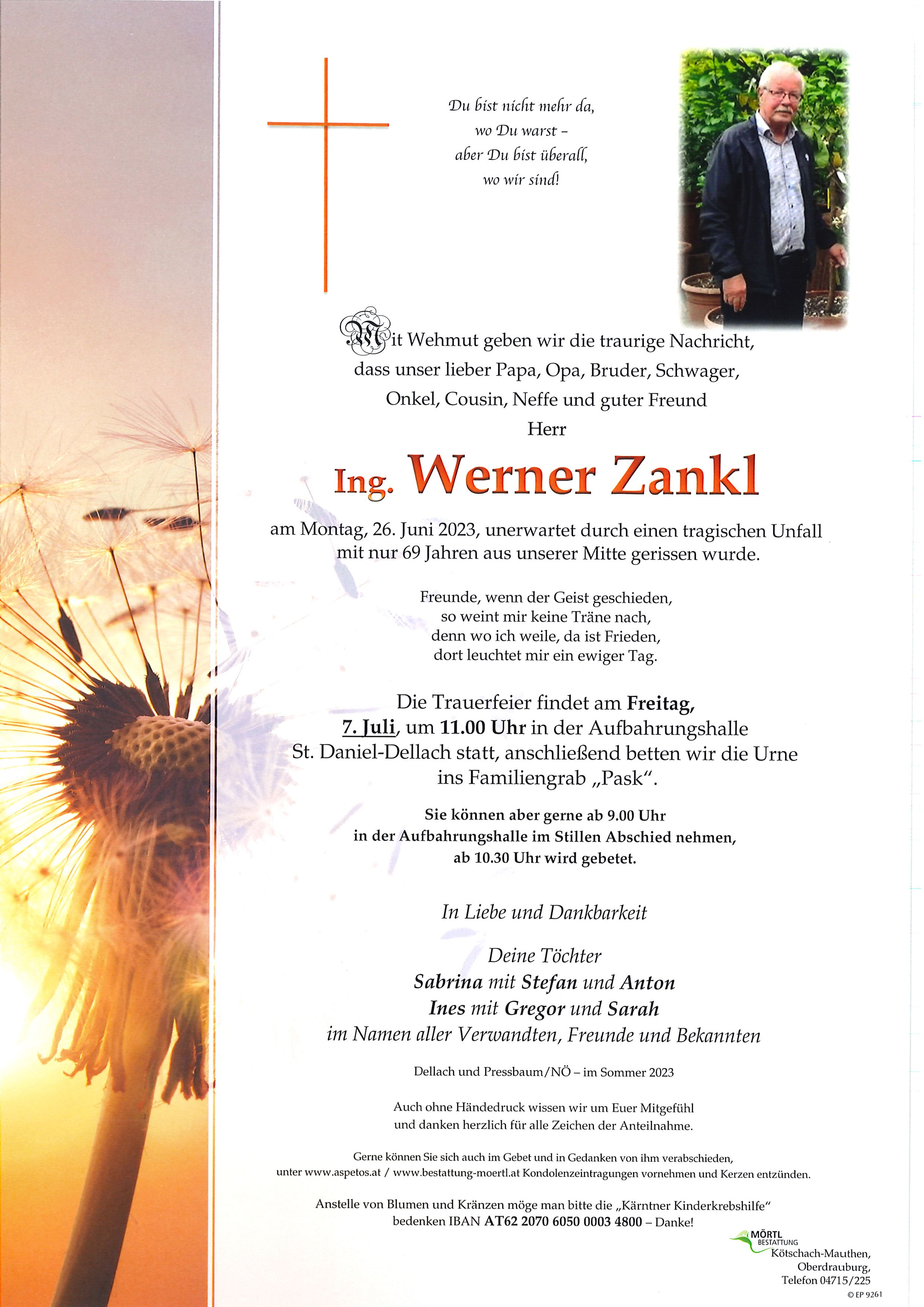 Traueranzeige von Ing. Werner Zankl