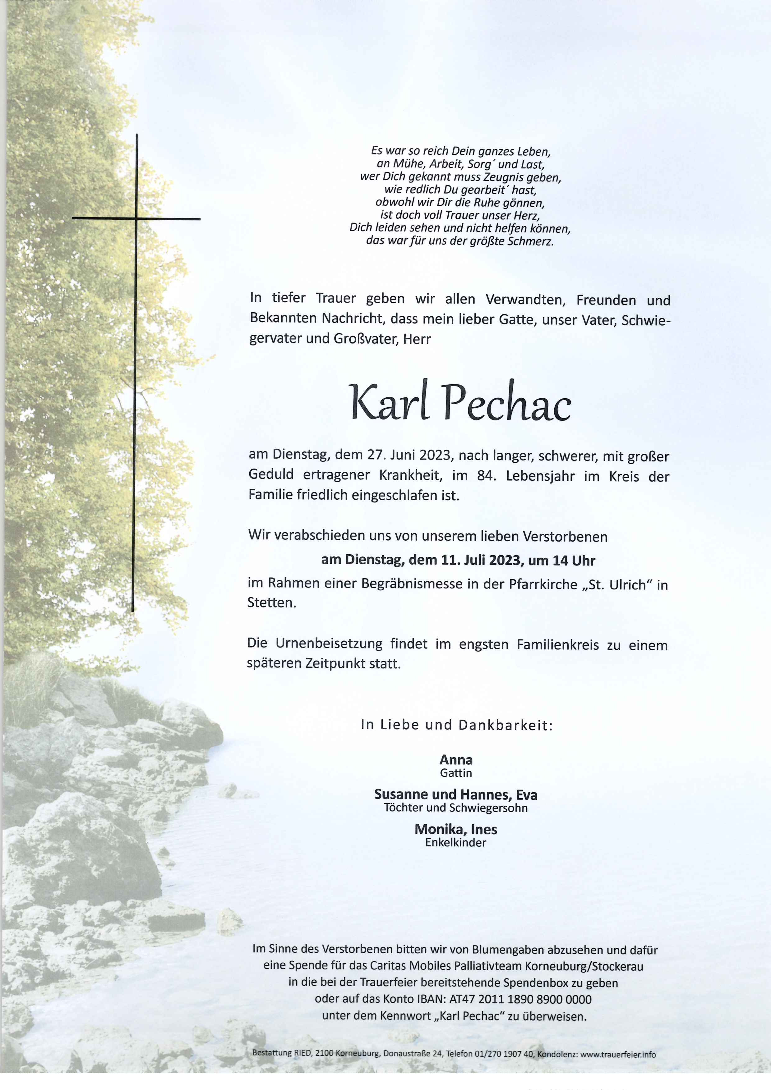Traueranzeige von Karl  Pechac