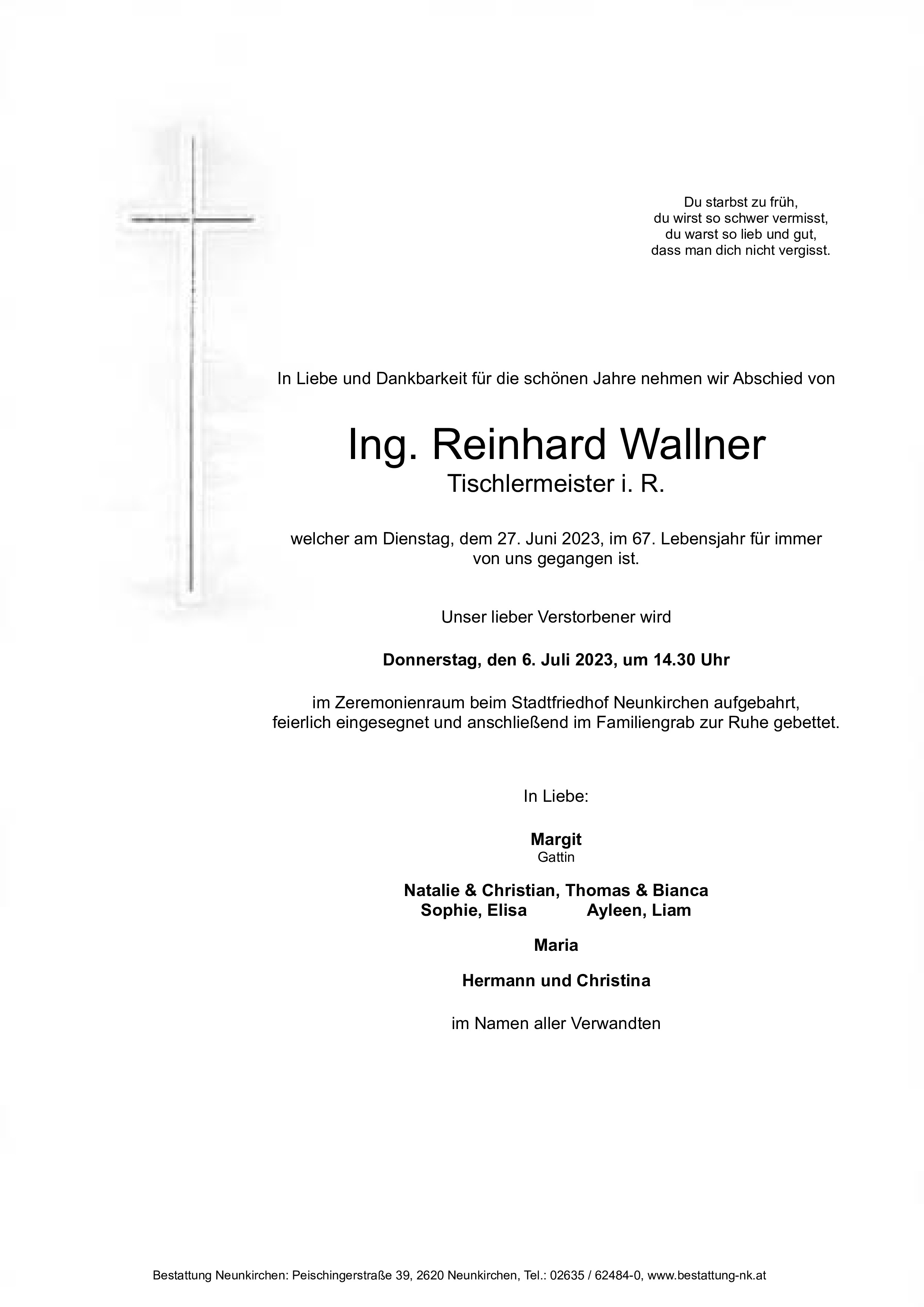 Traueranzeige von Ing. Reinhard Wallner