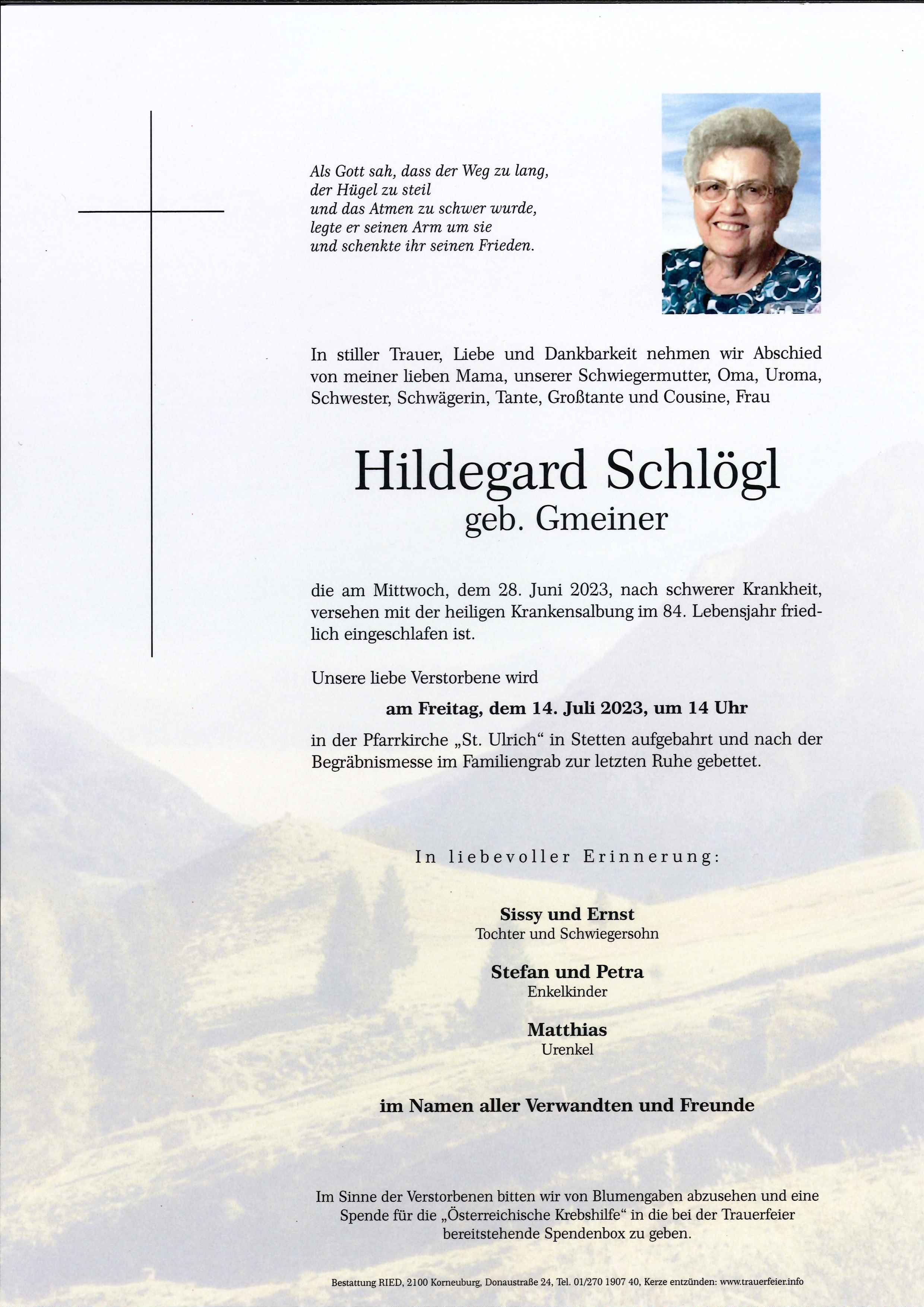 Traueranzeige von Hildegard Schlögl