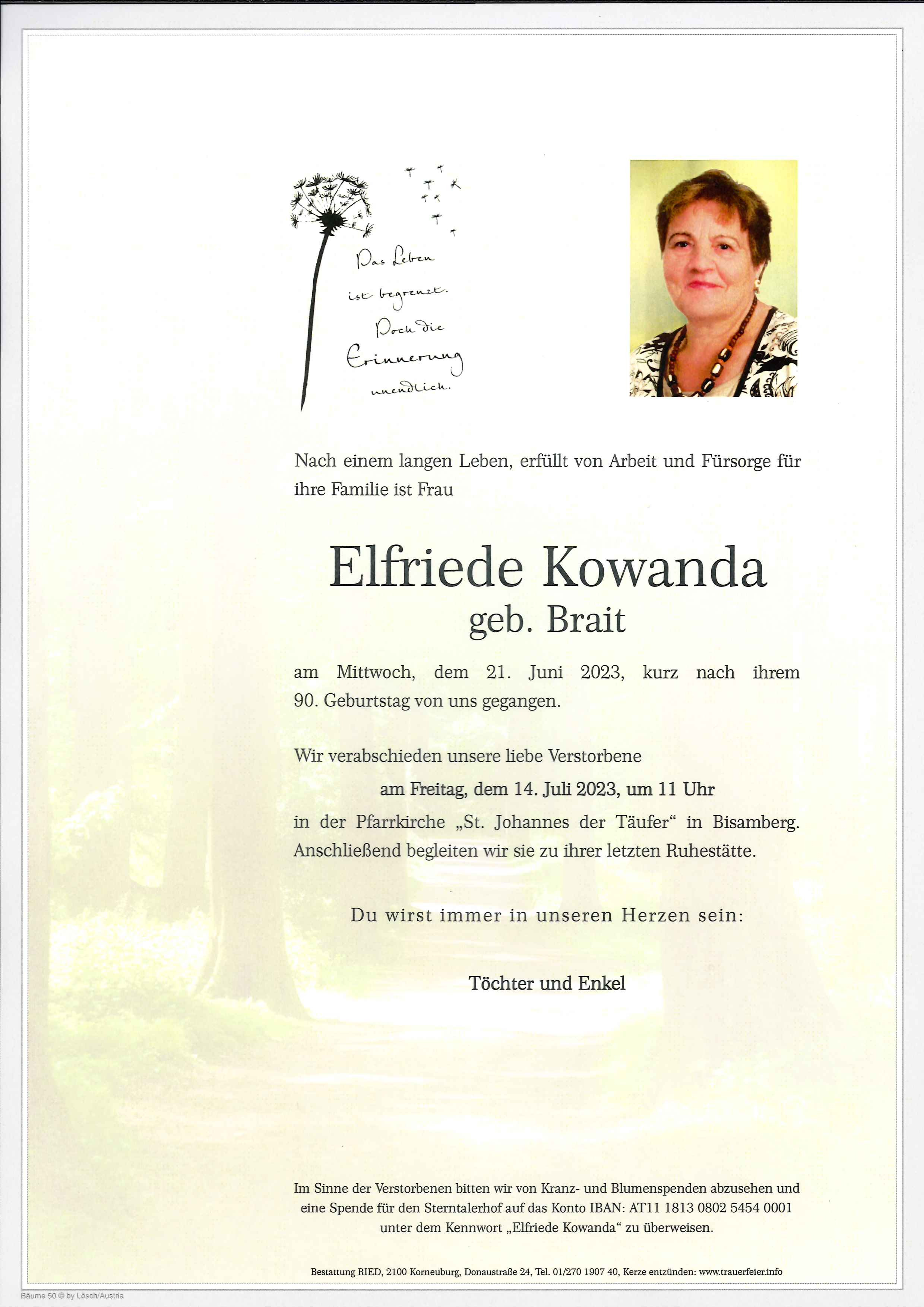 Traueranzeige von Elfriede Kowanda