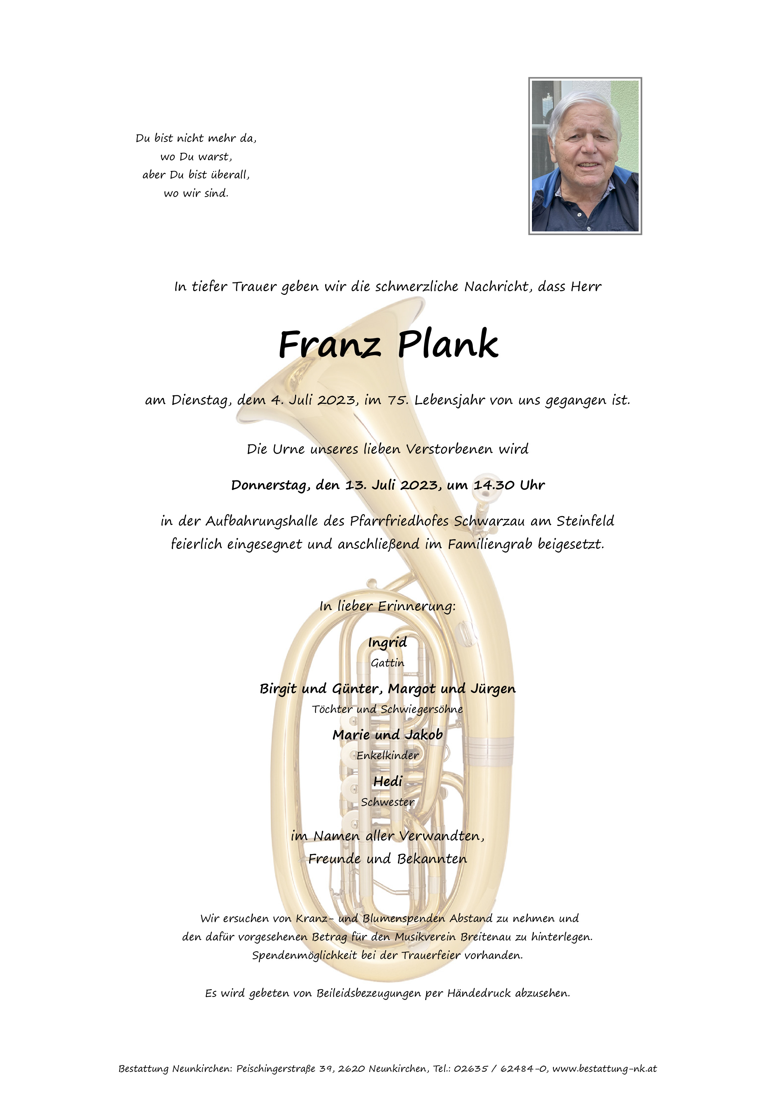 Traueranzeige von Franz Plank