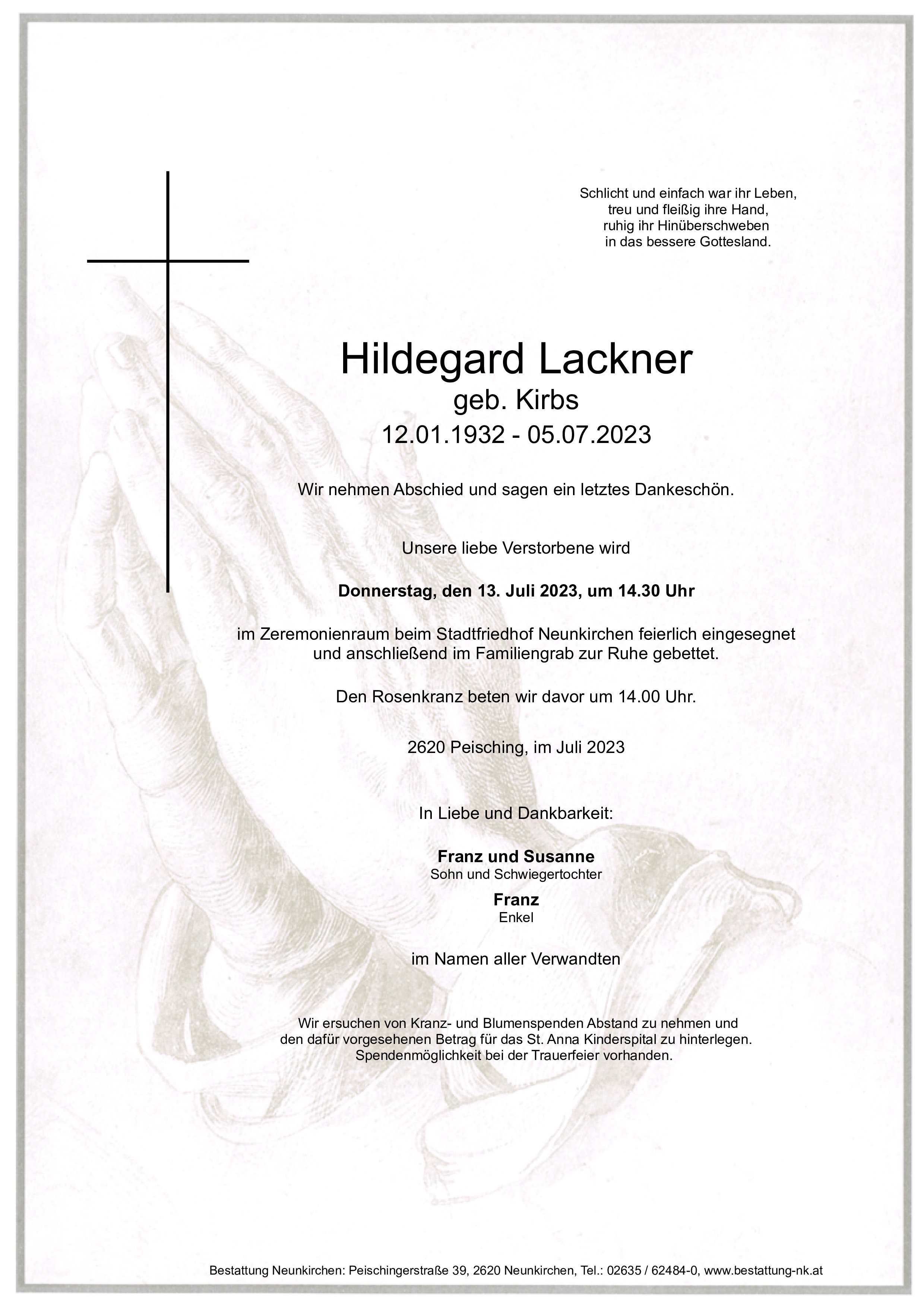 Traueranzeige von Hildegard Lackner