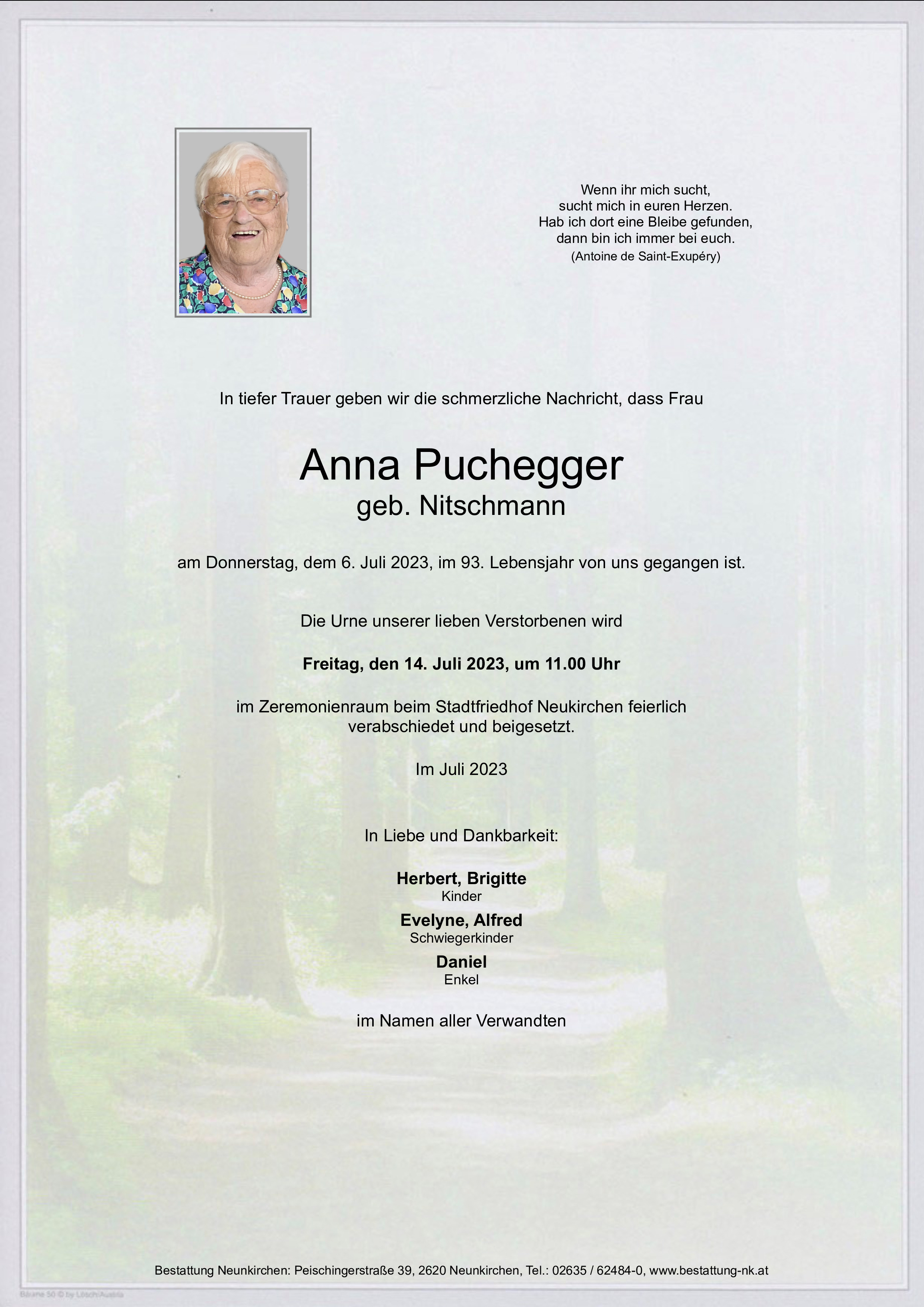 Traueranzeige von Anna Puchegger
