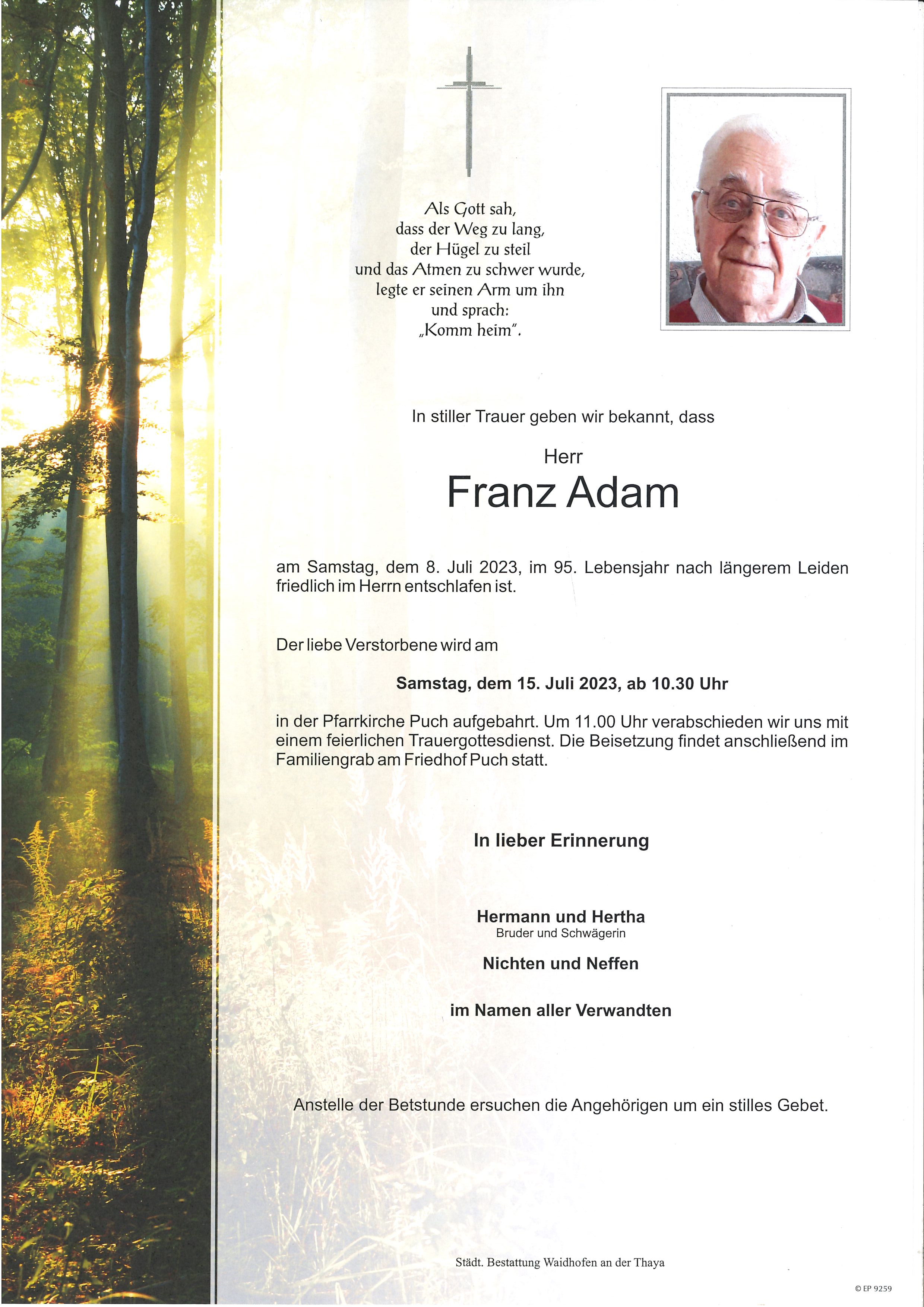 Traueranzeige von Franz Adam