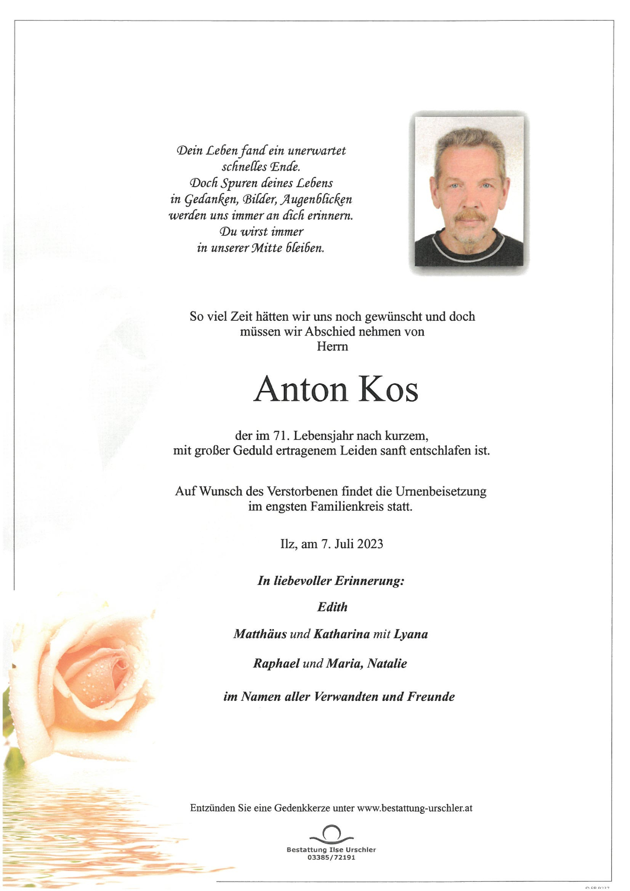 Traueranzeige von Anton Kos