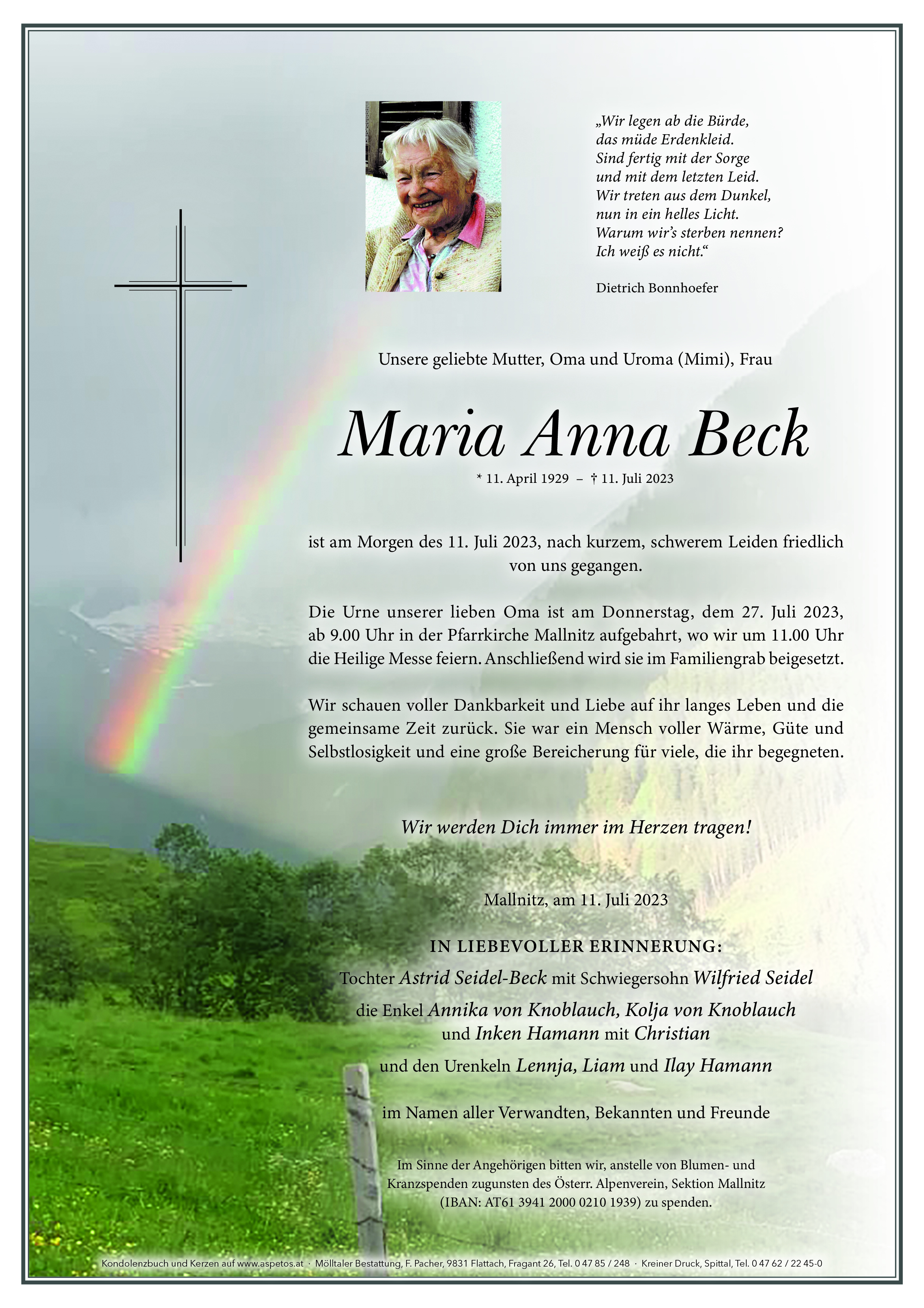 Traueranzeige von Maria Beck