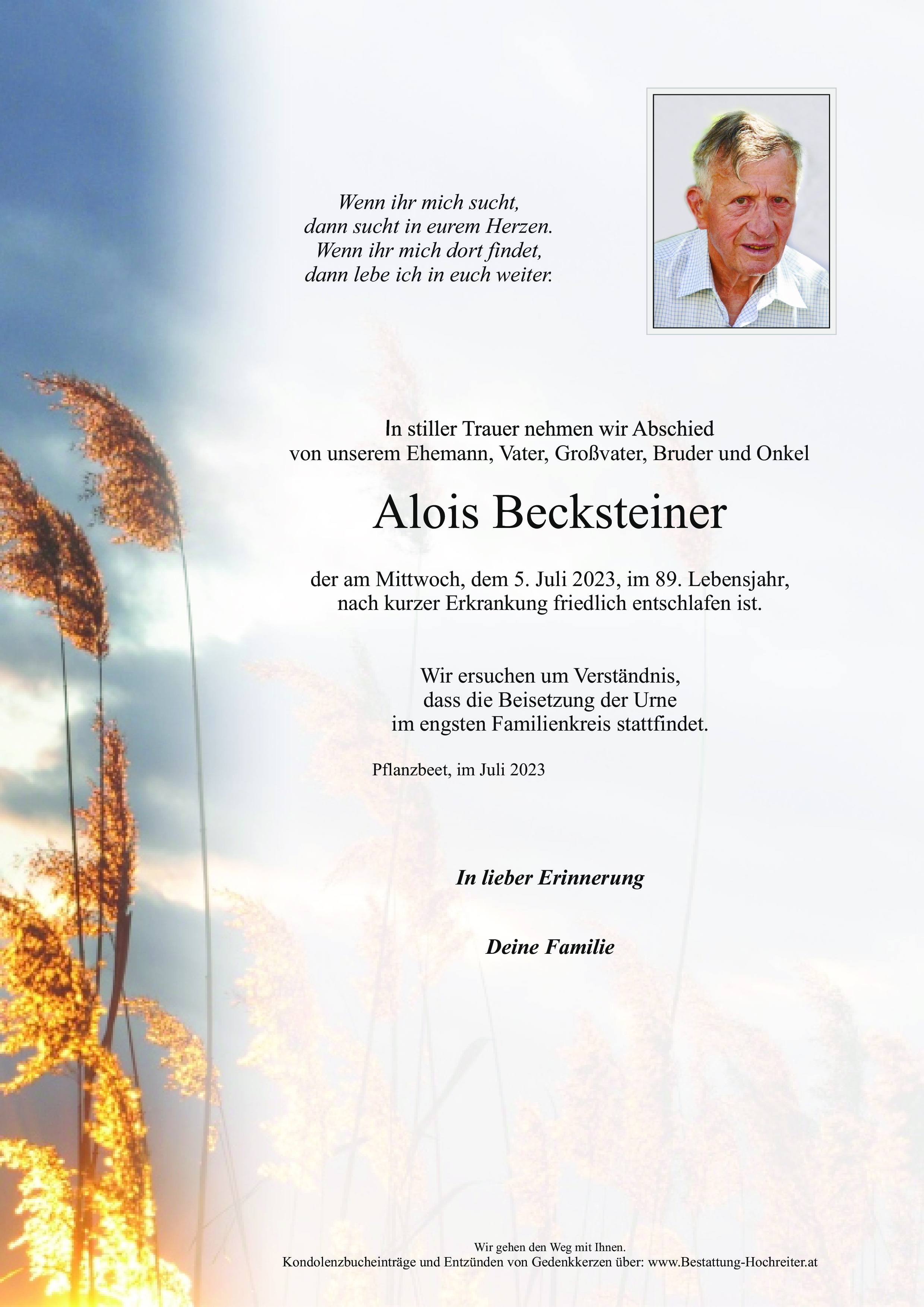Traueranzeige von Alois Becksteiner