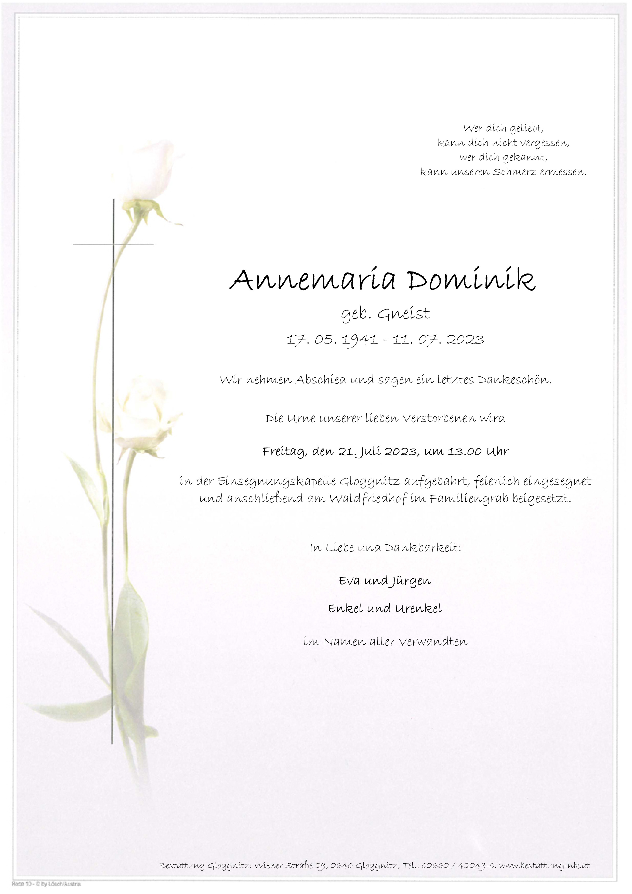 Traueranzeige von Annemaria Dominik