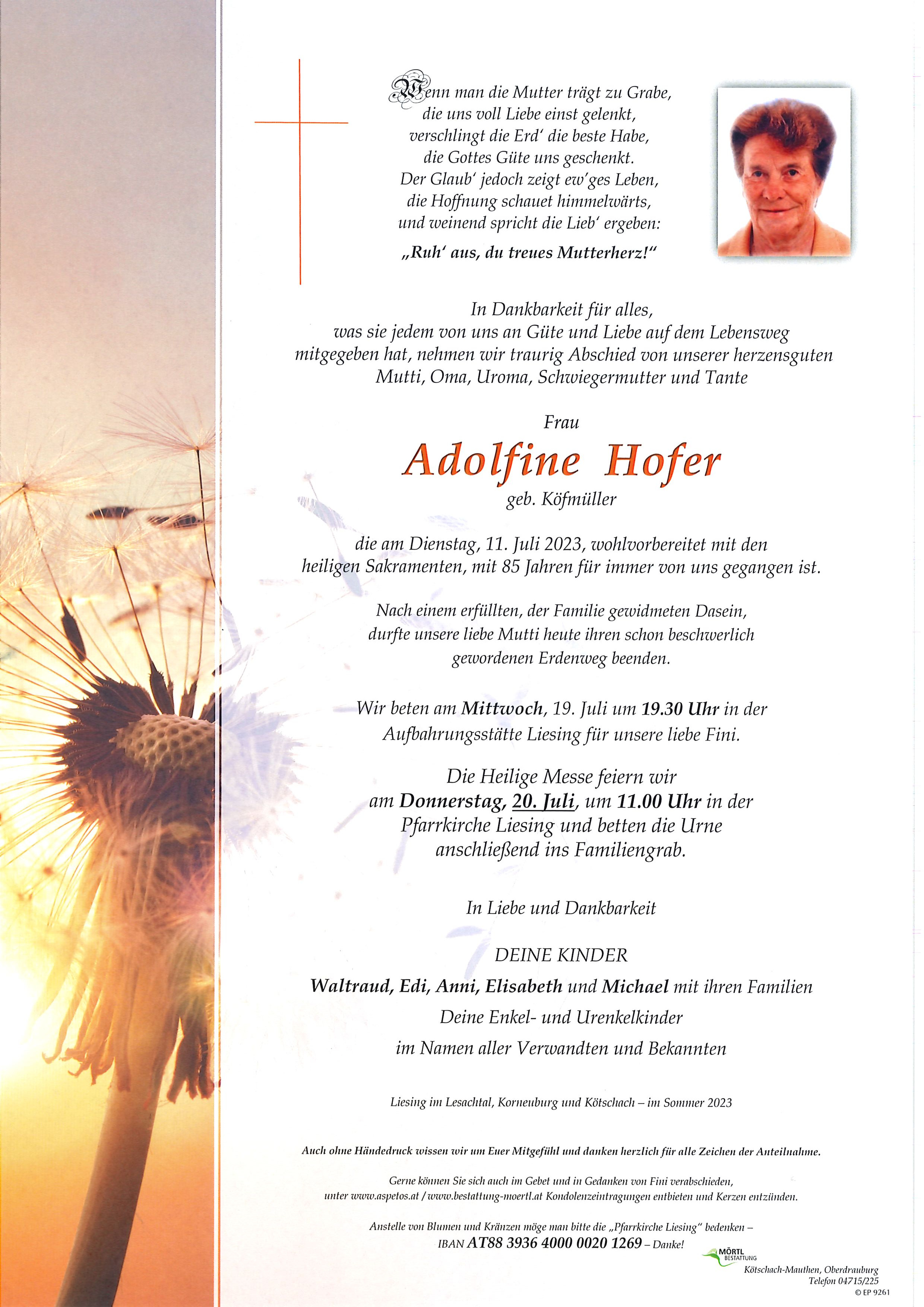 Traueranzeige von Adolfine Hofer