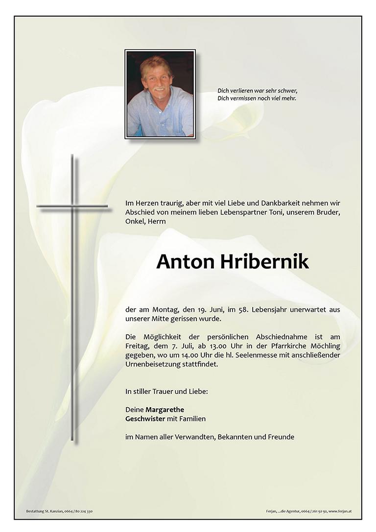 Traueranzeige von Anton Hribernik