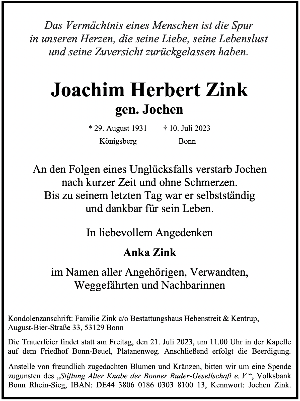 Traueranzeige von Joachim Zink