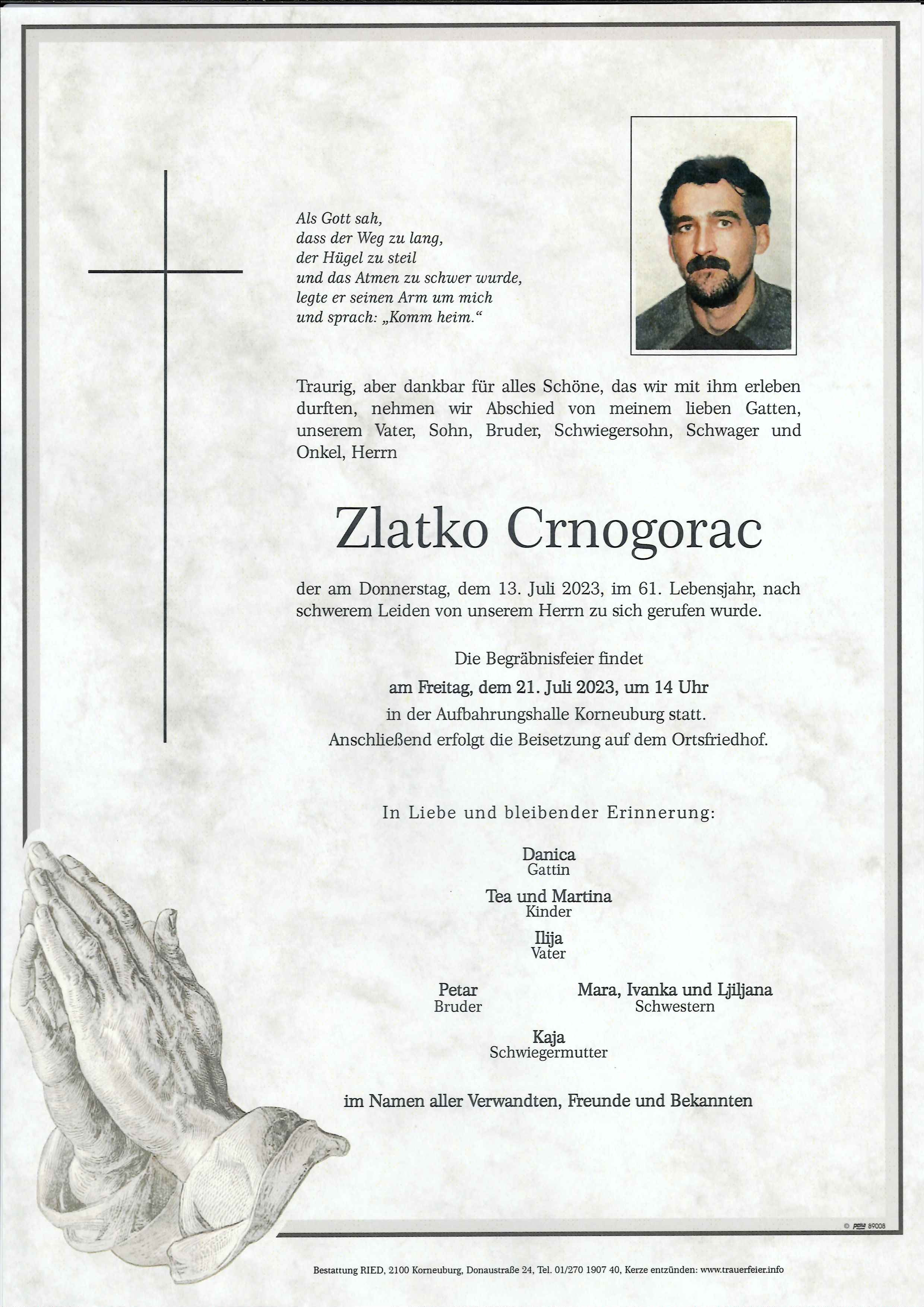 Traueranzeige von Zlatko  Crnogorac