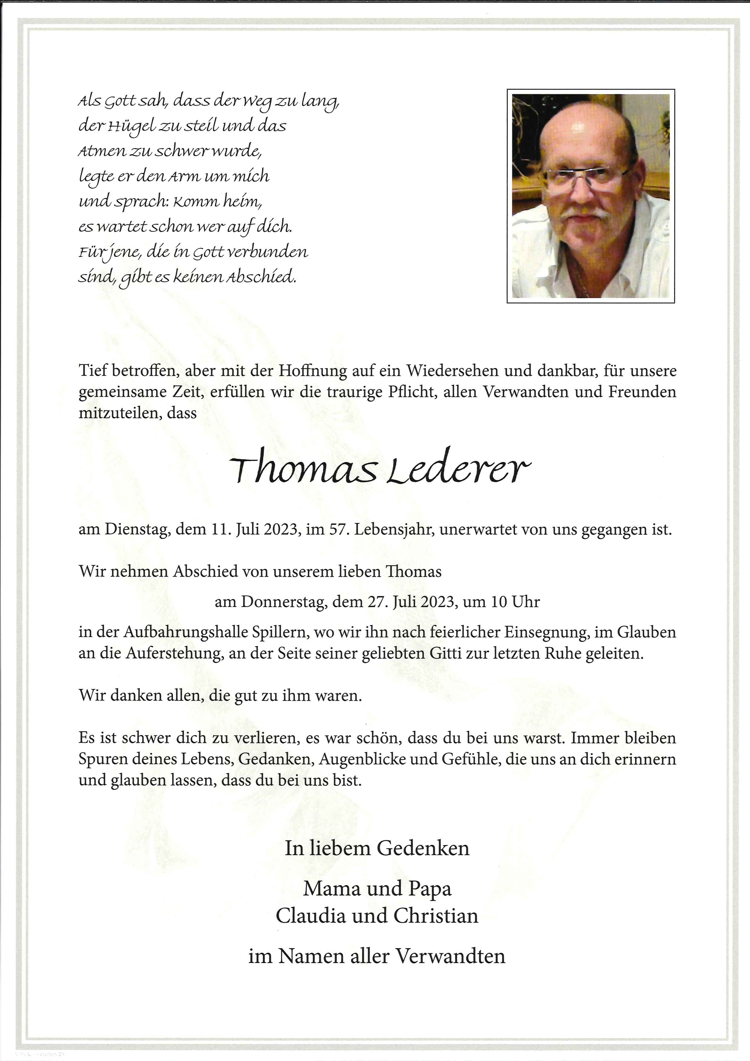 Traueranzeige von Thomas Lederer
