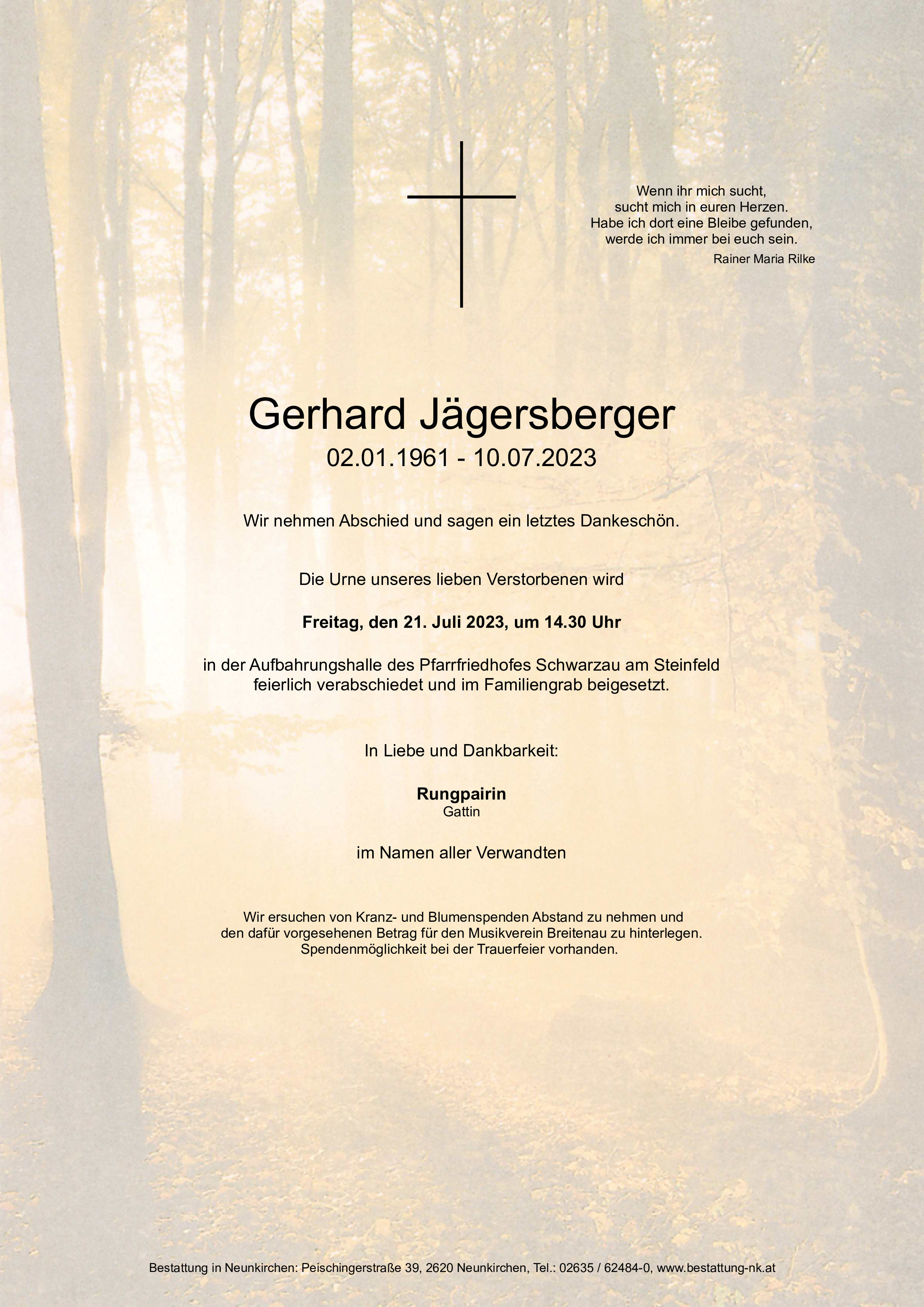 Traueranzeige von Gerhard Jägersberger