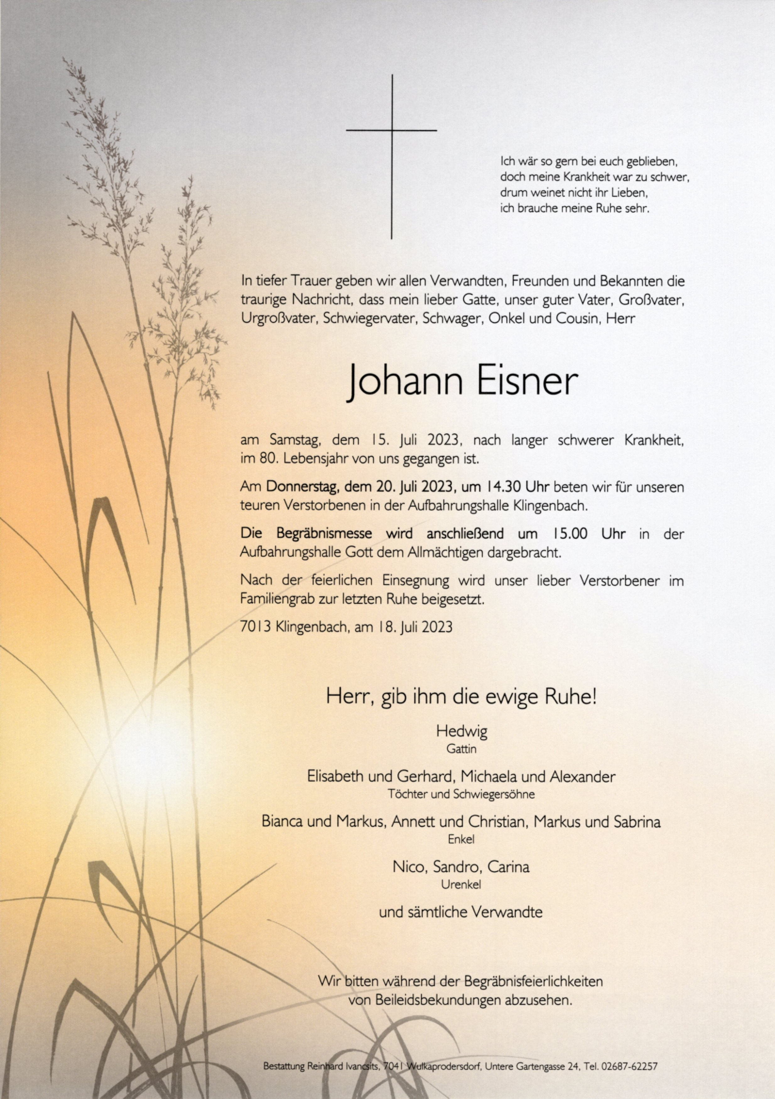 Traueranzeige von Johann Eisner
