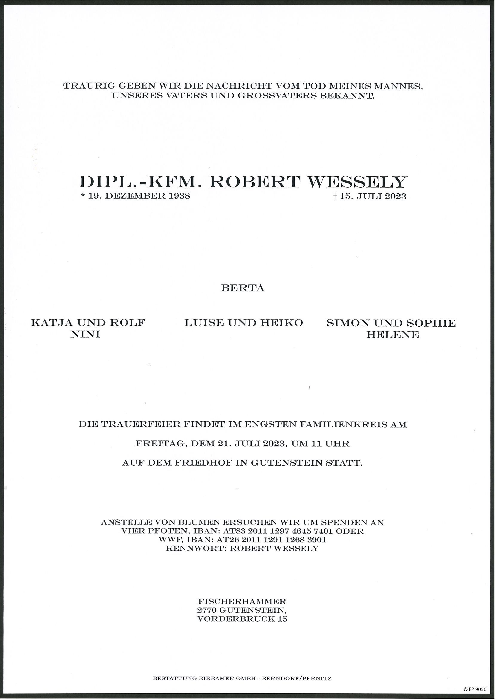 Traueranzeige von Dipl.-Kfm. Robert Wessely