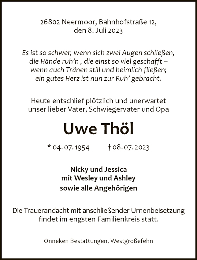 Traueranzeige von Uwe Thöl