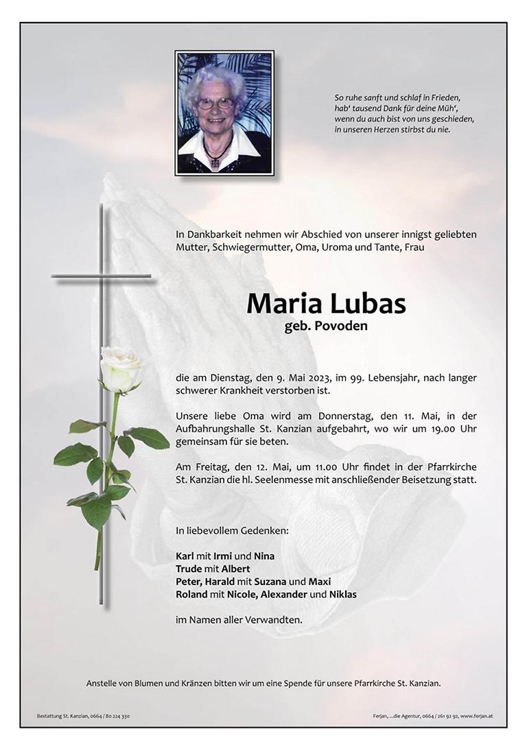Traueranzeige von Maria Lubas