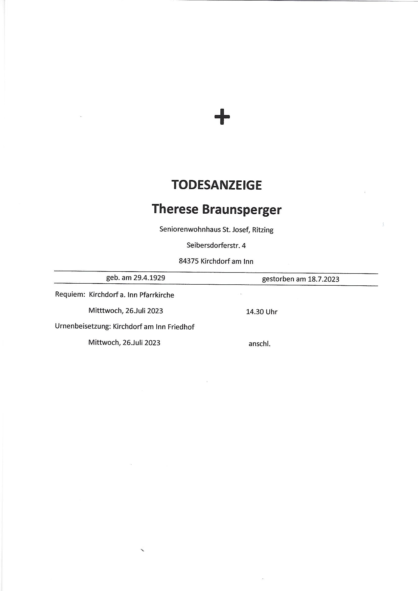 Traueranzeige von Therese Braunsperger