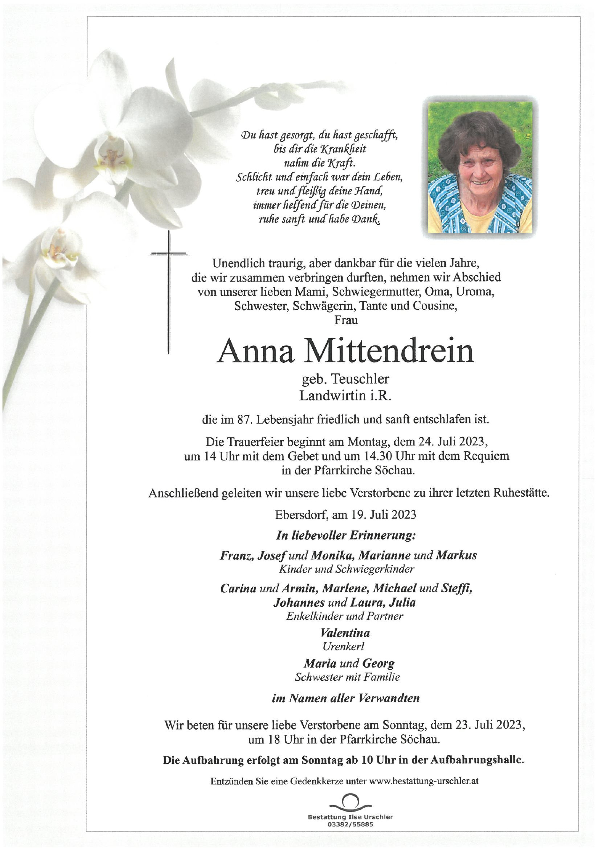 Traueranzeige von Anna Mittendrein