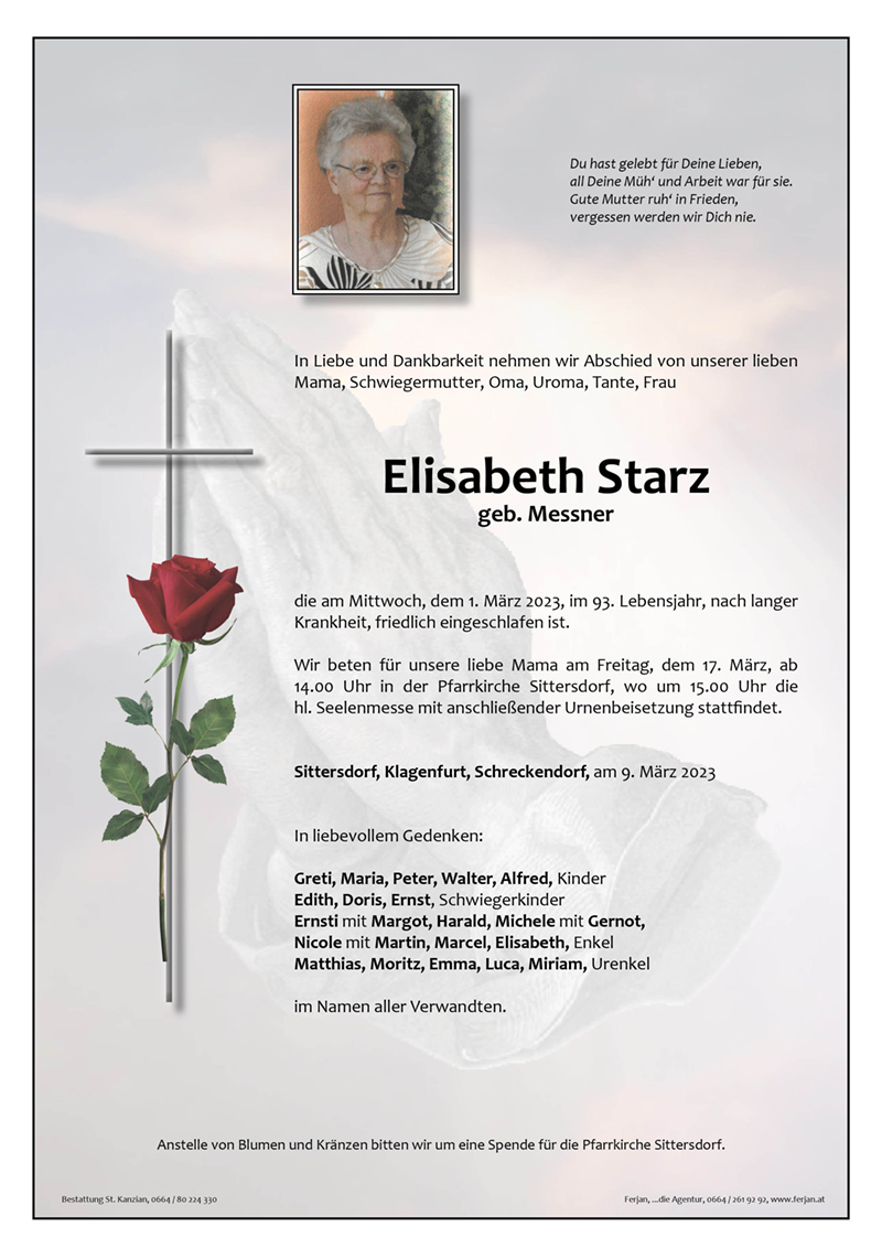 Traueranzeige von Elisabeth  Starz